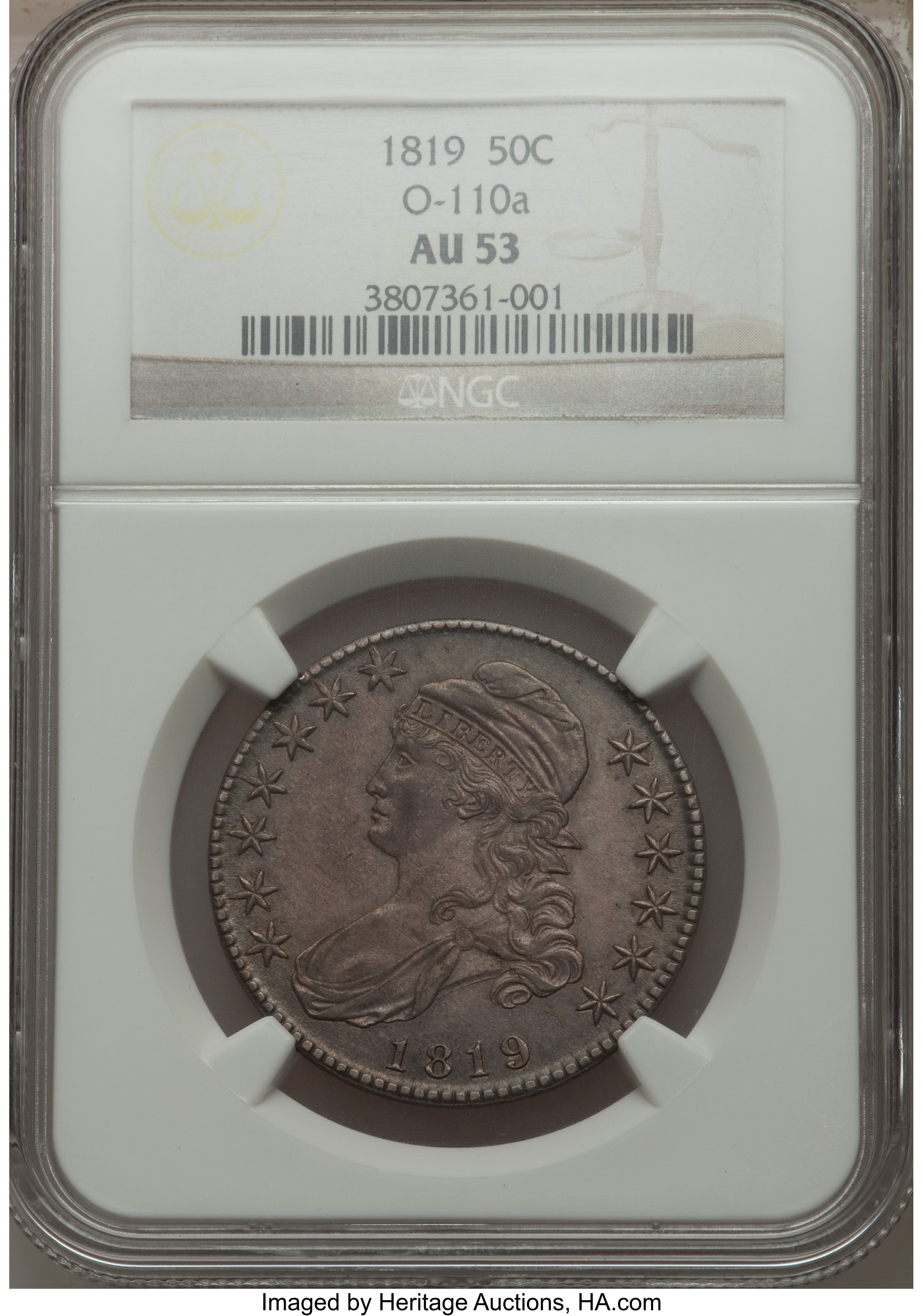 image for: 1819 50C O-110a, R.3, AU53 NGC. NGC Census: (1/7). PCGS Population (1/3).  ...