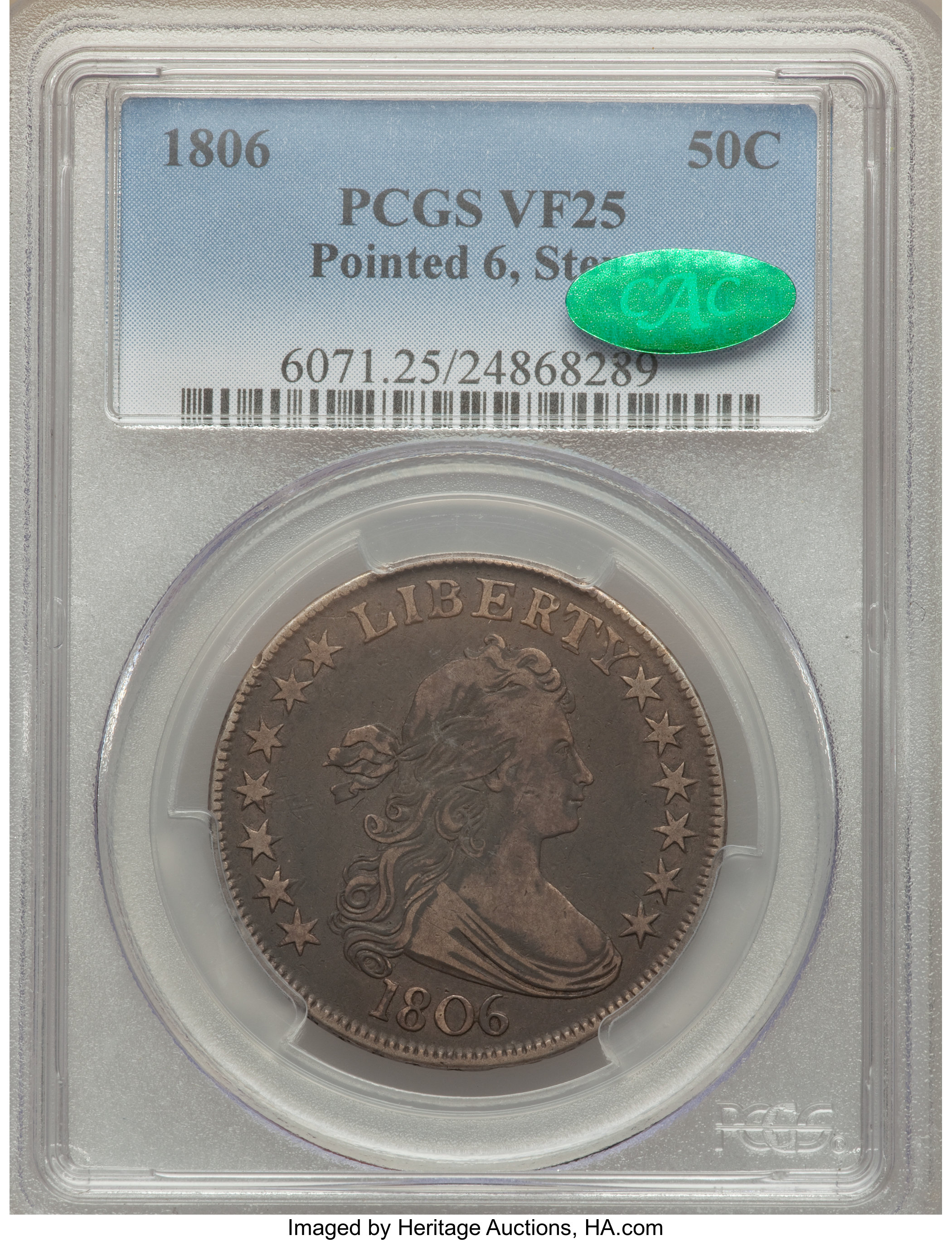 image for: 1806 50C Pointed 6, Stem, O-114a, R.4, VF25 PCGS. CAC....