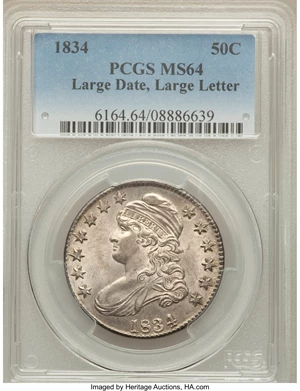 image for: 1834 50C Large Date, Large Letters, O-101, R.1, MS64 PCGS. CAC....