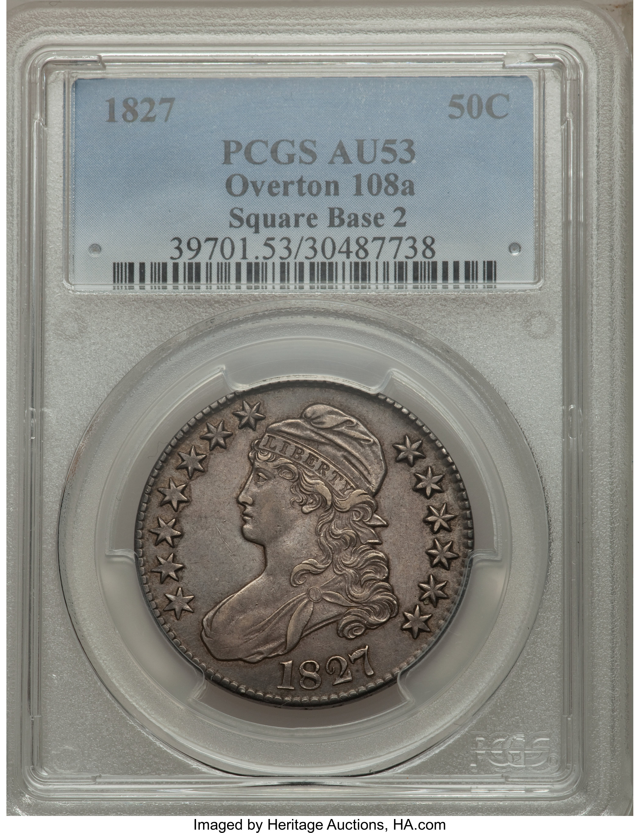 image for: 1827 50C Square Base 2, O-108a, R.4, AU53 PCGS. PCGS Population (3/2). NGC Census: (1/2). Mintage: 5,493,400. ...