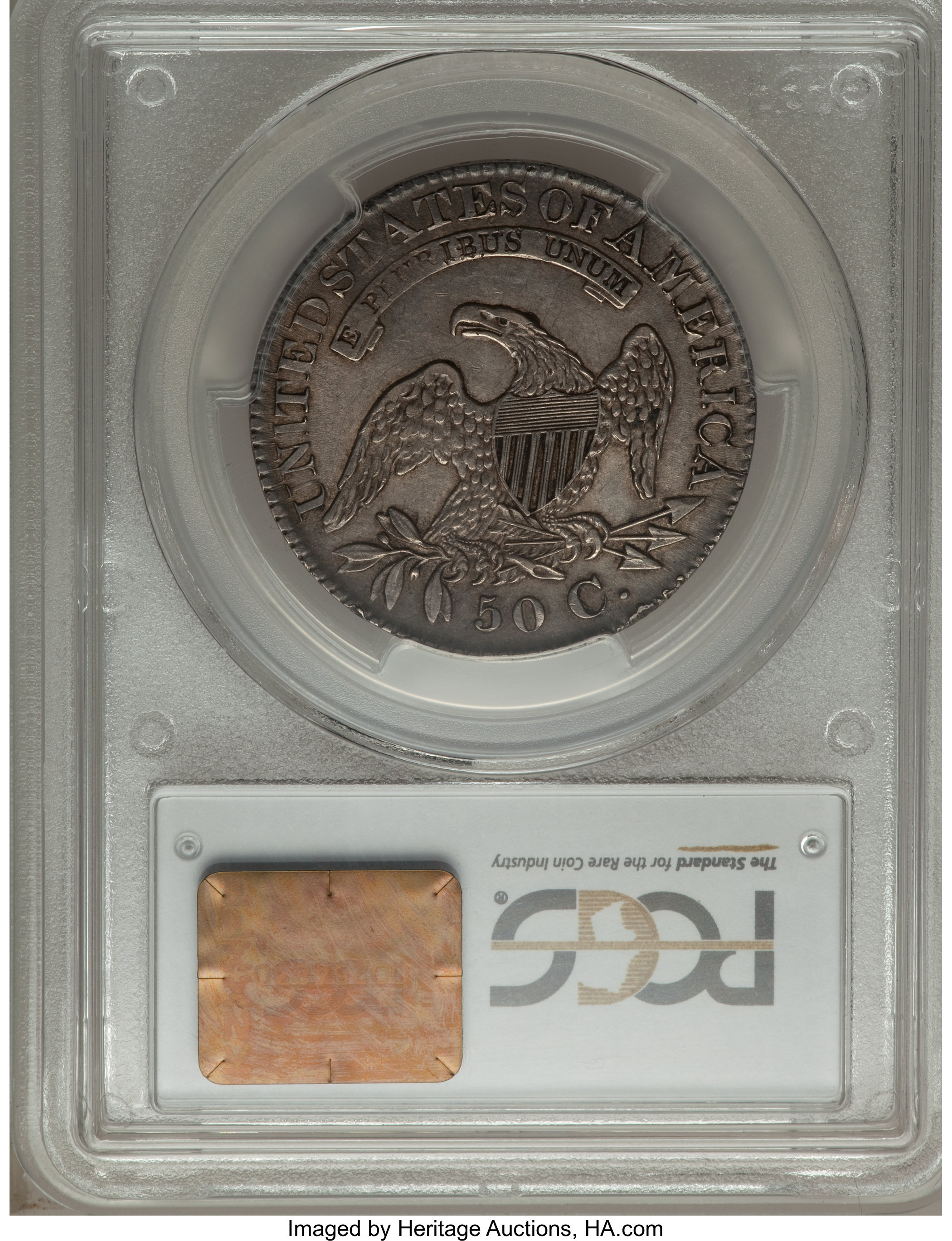 image for: 1827 50C Square Base 2, O-108a, R.4, AU53 PCGS. PCGS Population (3/2). NGC Census: (1/2). Mintage: 5,493,400. ...
