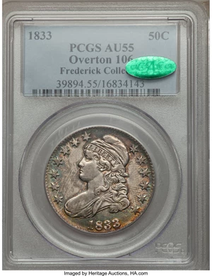 image for: 1833 50C O-106, R.2, AU55 PCGS. CAC. Ex: Frederick Collection. PCGS Population (2/3). NGC Census: (5/15). Mintage: 5,206,00...