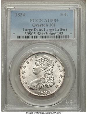 image for: 1834 50C Large Date, Large Letters, O-101, R.1, AU58+ PCGS....