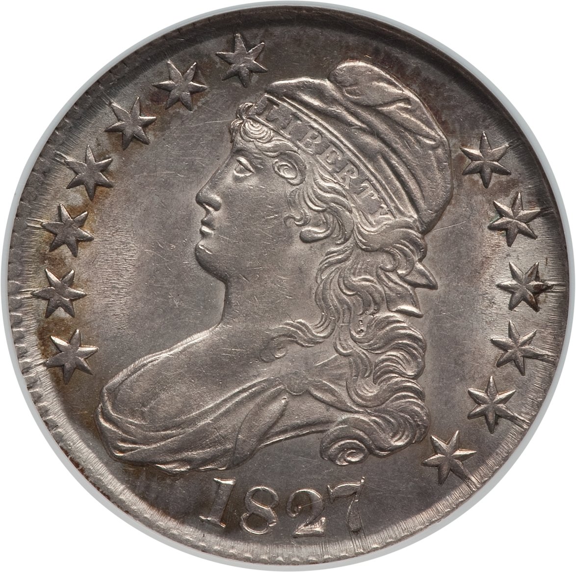 image for: 1827 50C Square Base 2, O-114, R.3, AU58 NGC. NGC Census: (2/8). PCGS Population (1/1). Mintage: 5,493,400. ...