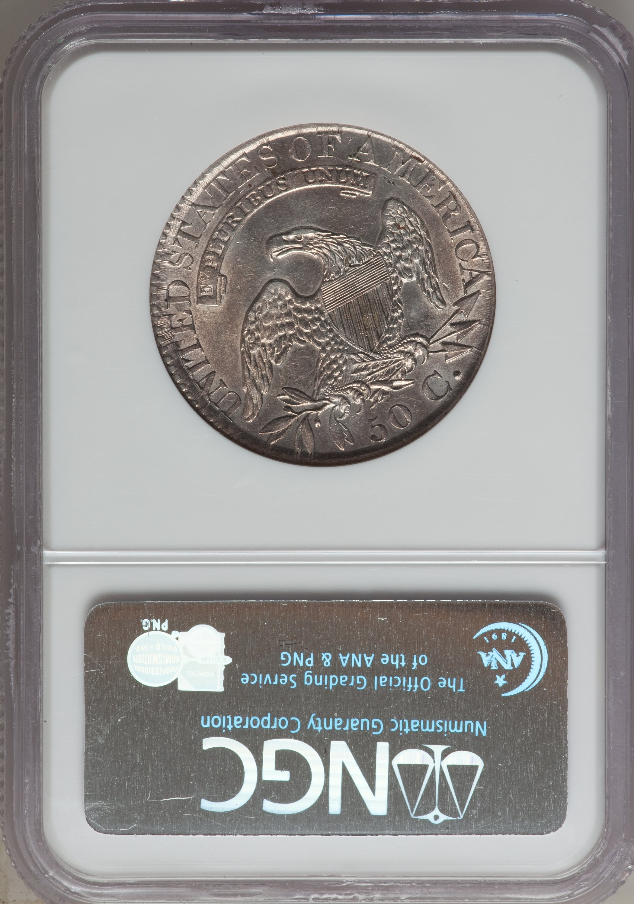 image for: 1827 50C Square Base 2, O-114, R.3, AU58 NGC. NGC Census: (2/8). PCGS Population (1/1). Mintage: 5,493,400. ...