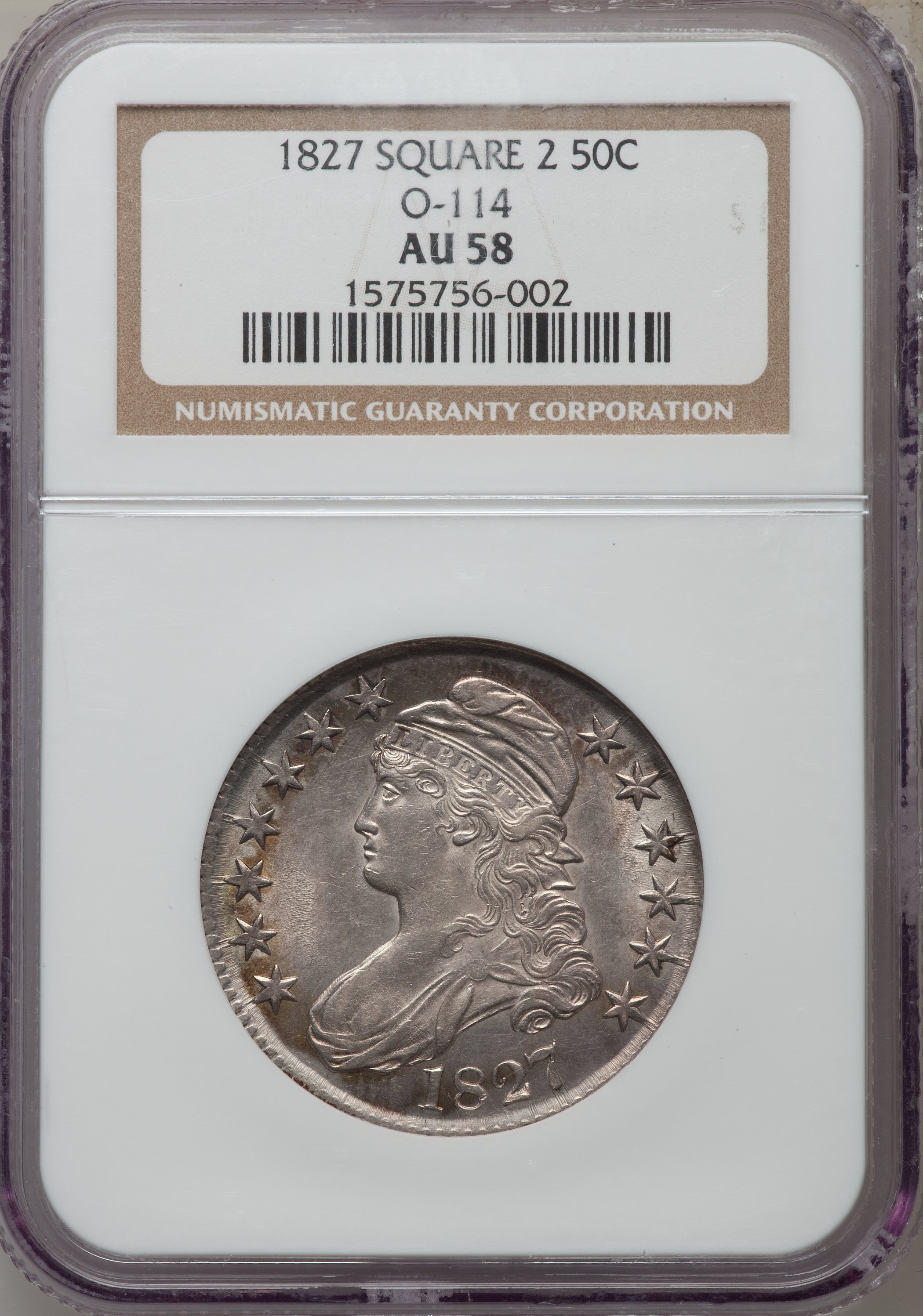 image for: 1827 50C Square Base 2, O-114, R.3, AU58 NGC. NGC Census: (2/8). PCGS Population (1/1). Mintage: 5,493,400. ...