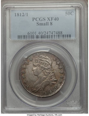 image for: 1812/1 50C Small 8, O-102, XF40 PCGS. PCGS Population (23/91). NGC Census: (5/44). Mintage: 1,628,059. Numismedia Wsl. Pric...