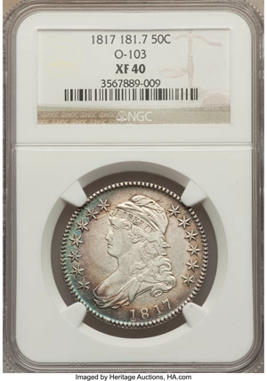 image for: 1817 50C 181.7, O-103, R.2, XF40 NGC. NGC Census: (2/16). PCGS Population (3/11). ...