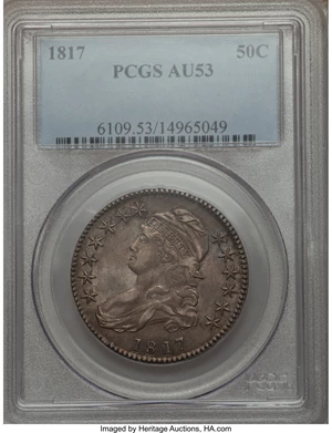 image for: 1817 50C O-103a, AU53 PCGS. PCGS Population (48/169). NGC Census: (27/157). Mintage: 1,215,567. Numismedia Wsl. Price for p...