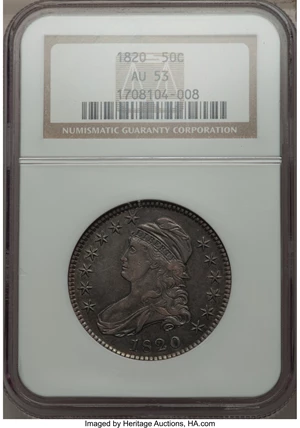 image for: 1820 50C Square 2, Large Date, No Knob, O-108, R.2, AU53 NGC. NGC Census: (4/16). PCGS Population (4/6). Mintage: 751,122. ...