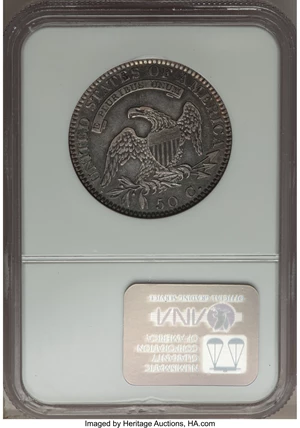 image for: 1820 50C Square 2, Large Date, No Knob, O-108, R.2, AU53 NGC. NGC Census: (4/16). PCGS Population (4/6). Mintage: 751,122. ...