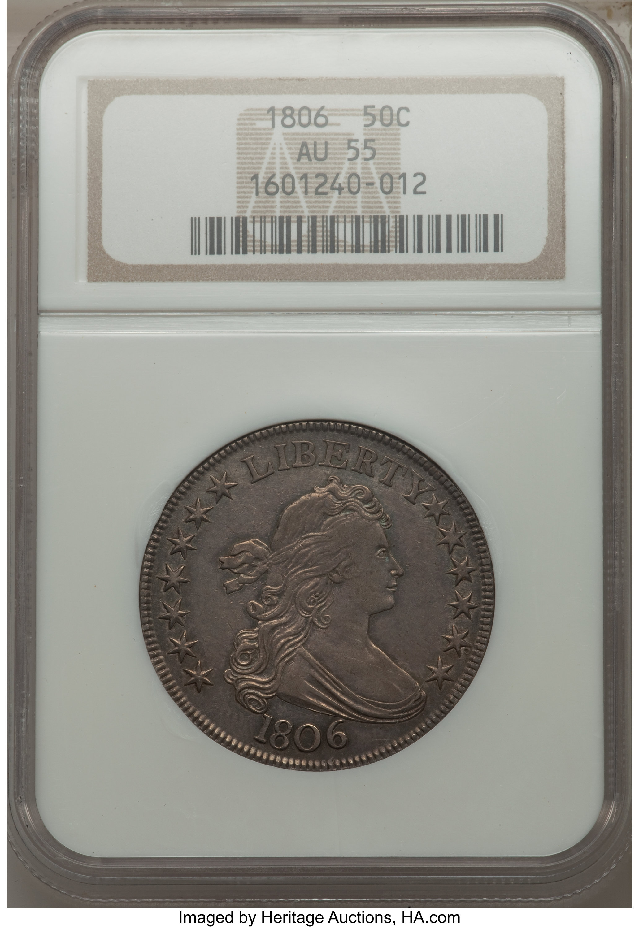 image for: 1806 50C Pointed 6, Stem, O-118a, R.3, AU55 NGC....