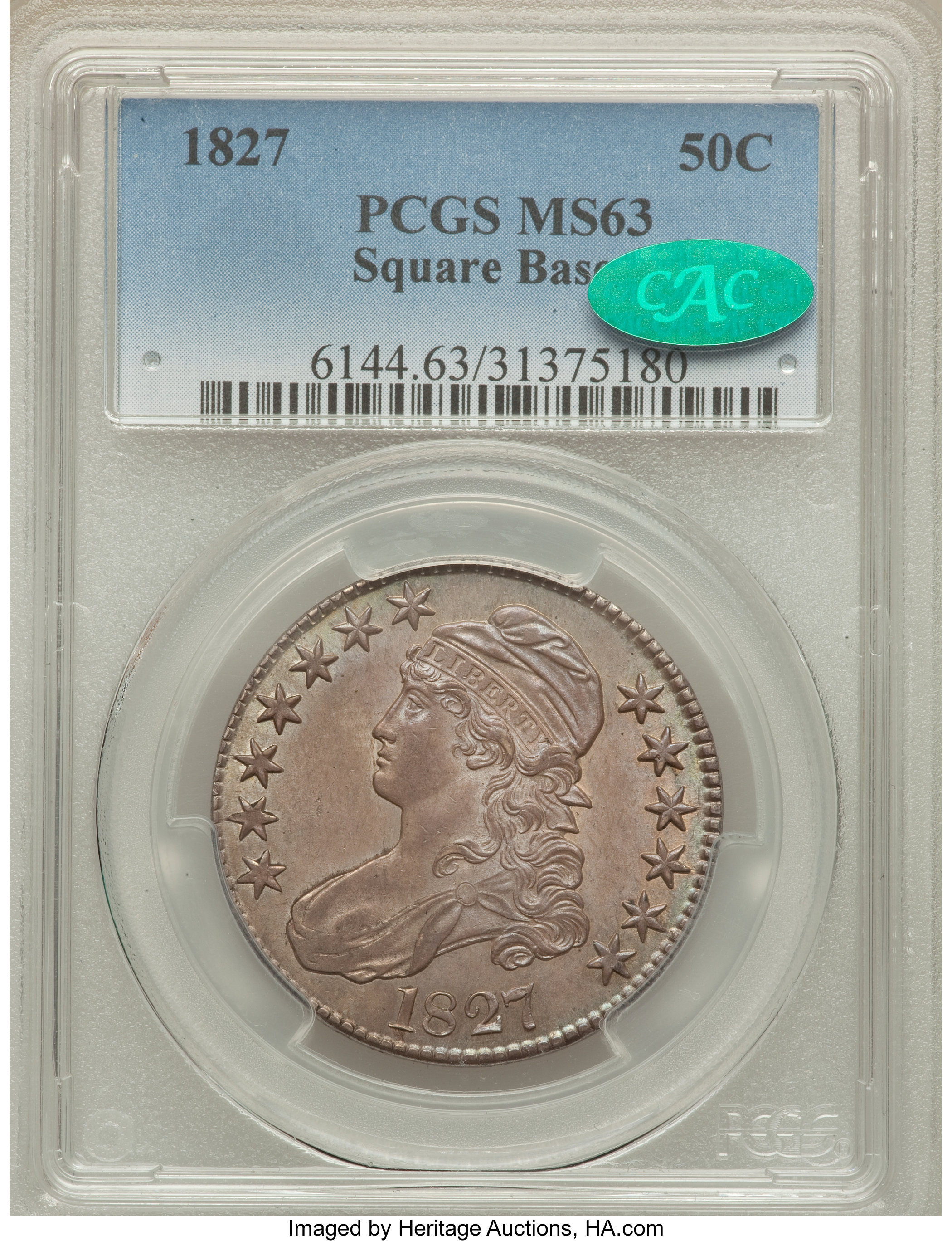 image for: 1827 50C Square Base 2, O-108a, R.4, MS63 PCGS. CAC....