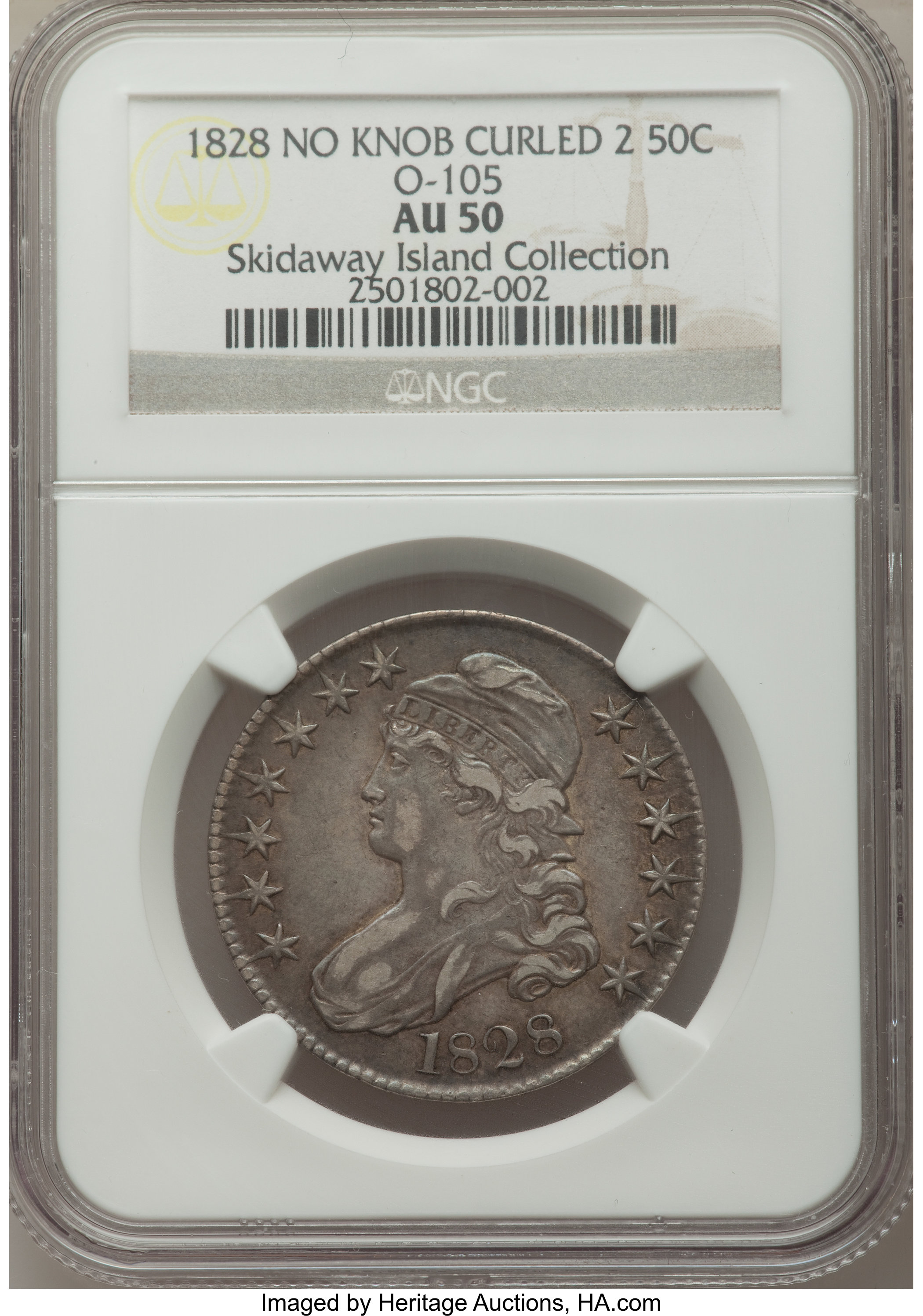 image for: 1828 50C Curl Base 2, No Knob, O-105, R.5, AU50 NGC....