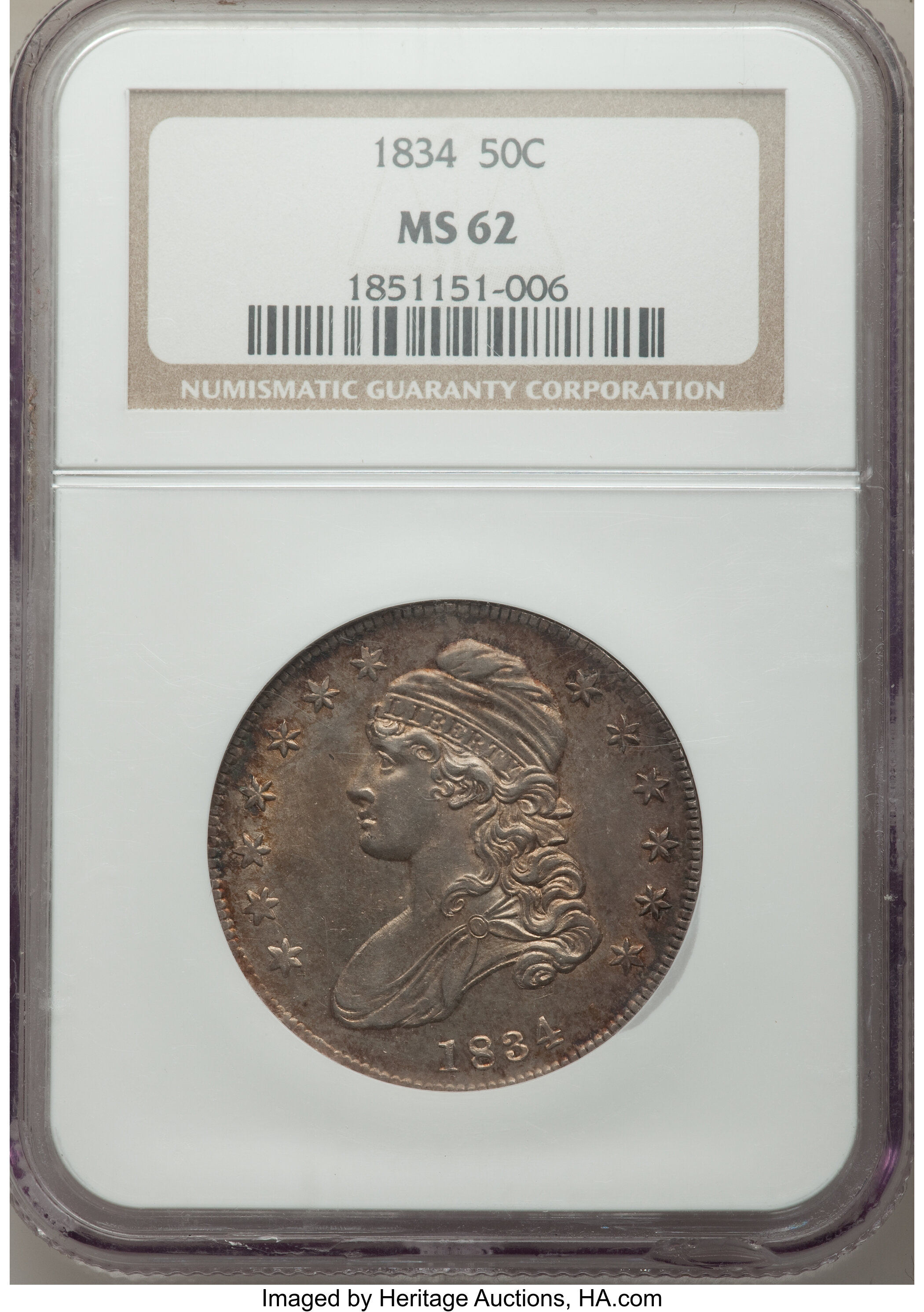 image for: 1834 50C Small Date, Small Letters, O-117, R.2, MS62 NGC....