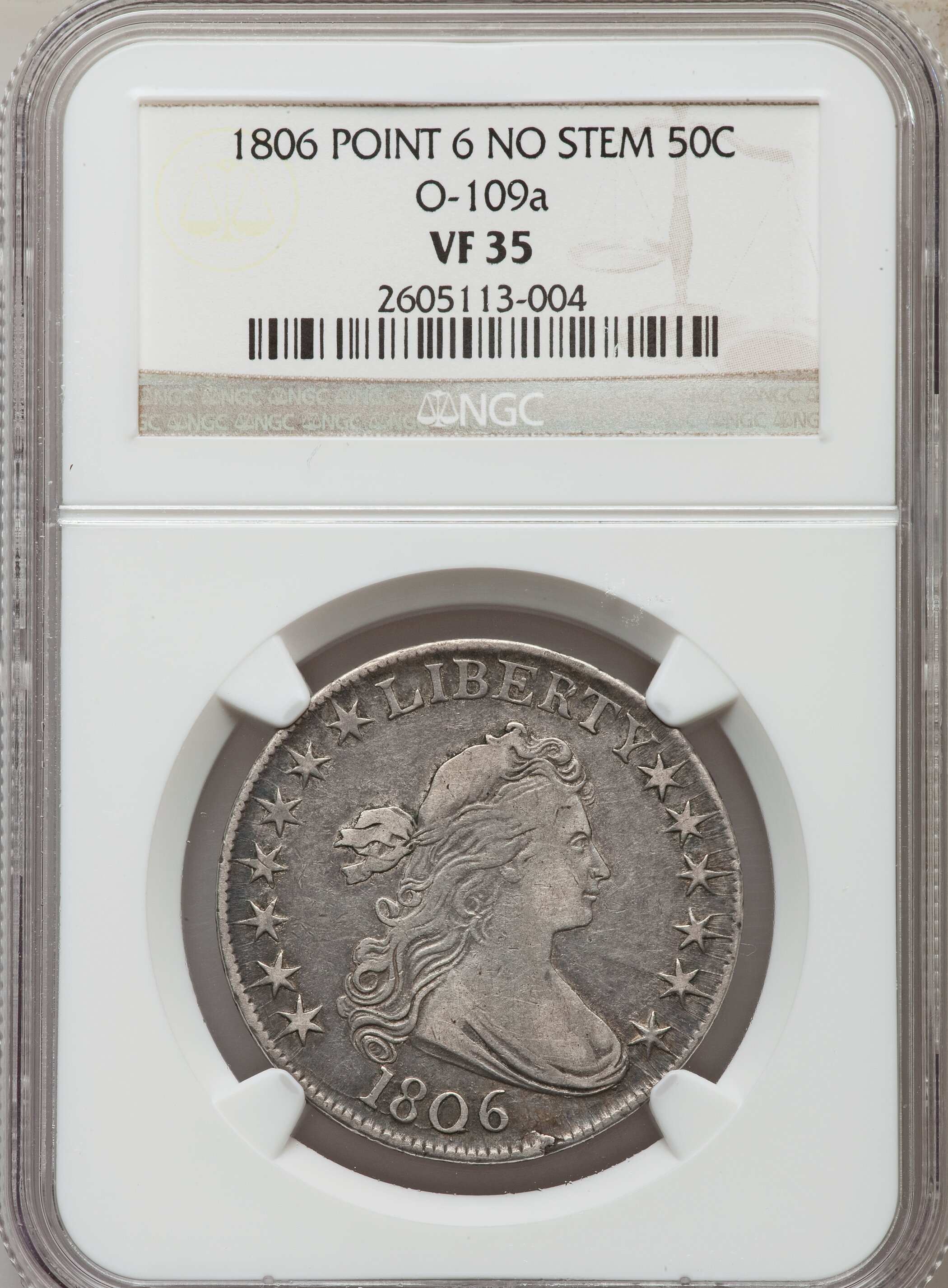 image for: 1806 50C Pointed 6, No Stem, O-109a, R.3, VF35 NGC. NGC Census: (0/0). PCGS Population (0/0).  ...