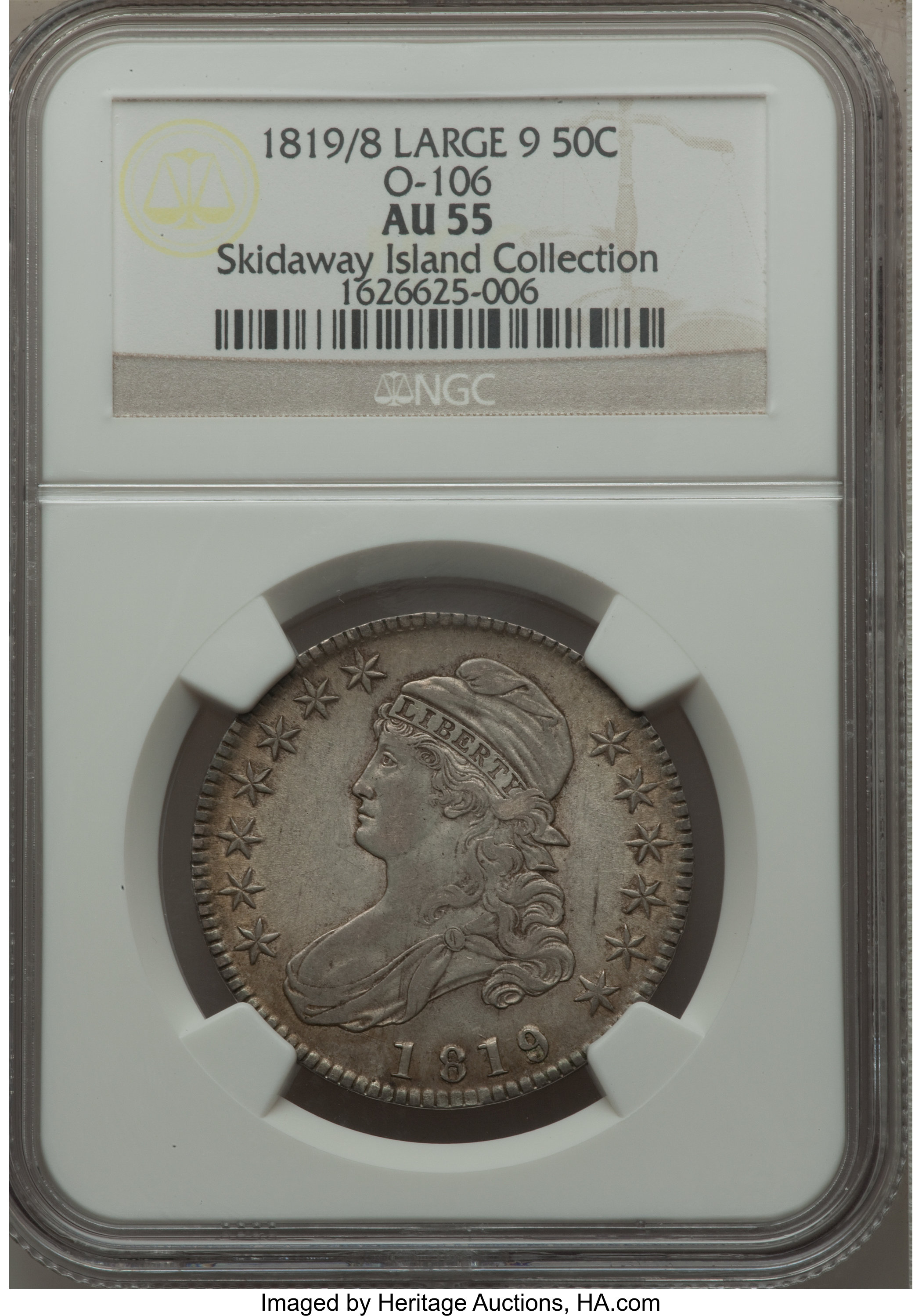 image for: 1819/8 50C Large 9, O-106, R.4, AU55 NGC. NGC Census: (0/0). PCGS Population (0/0).  From The Skidaway Island Collectio...