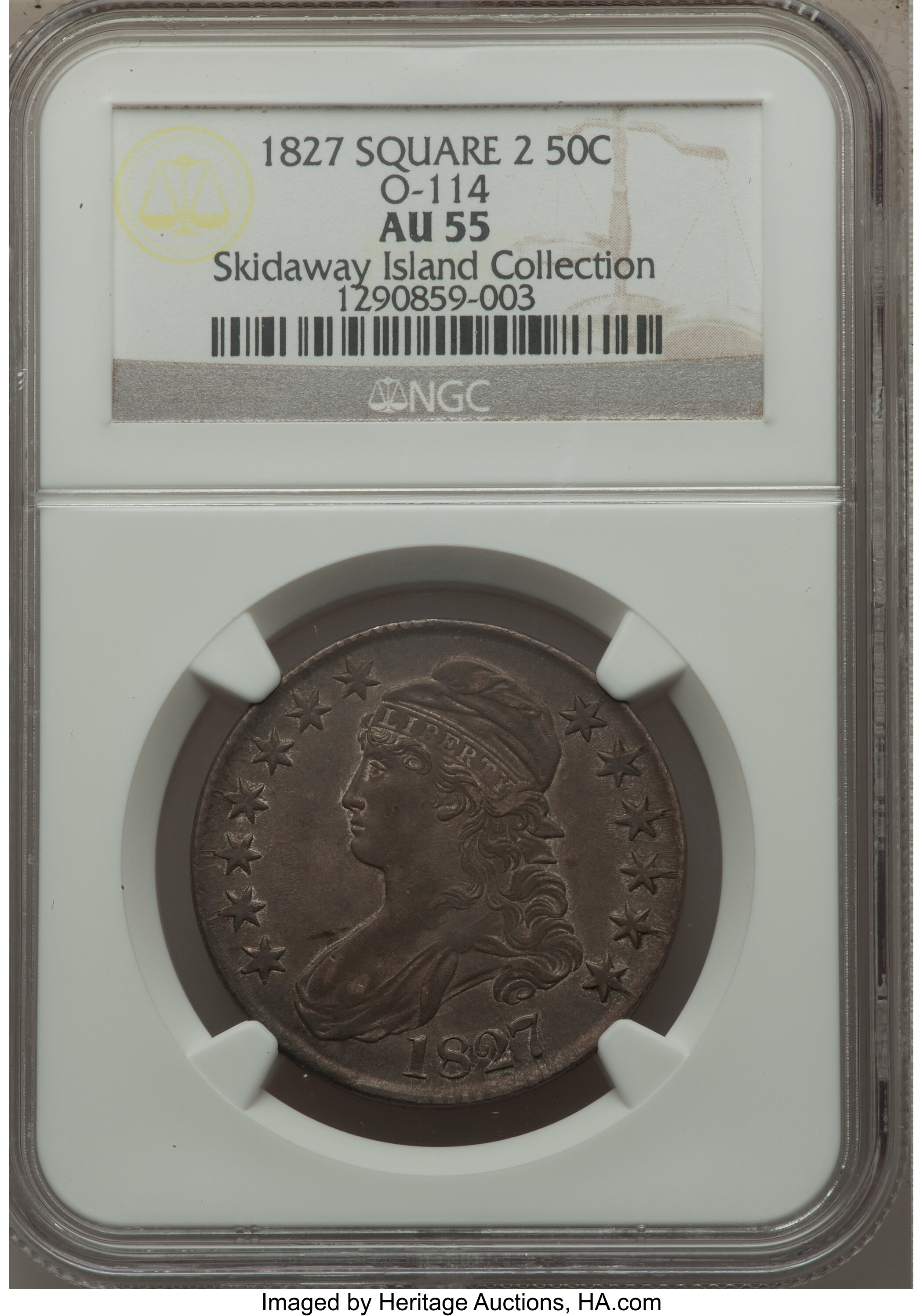 image for: 1827 50C Square Base 2, O-114, R.3, AU55 NGC. NGC Census: (1/10). PCGS Population (2/2). Mintage: 5,493,400. From The S...