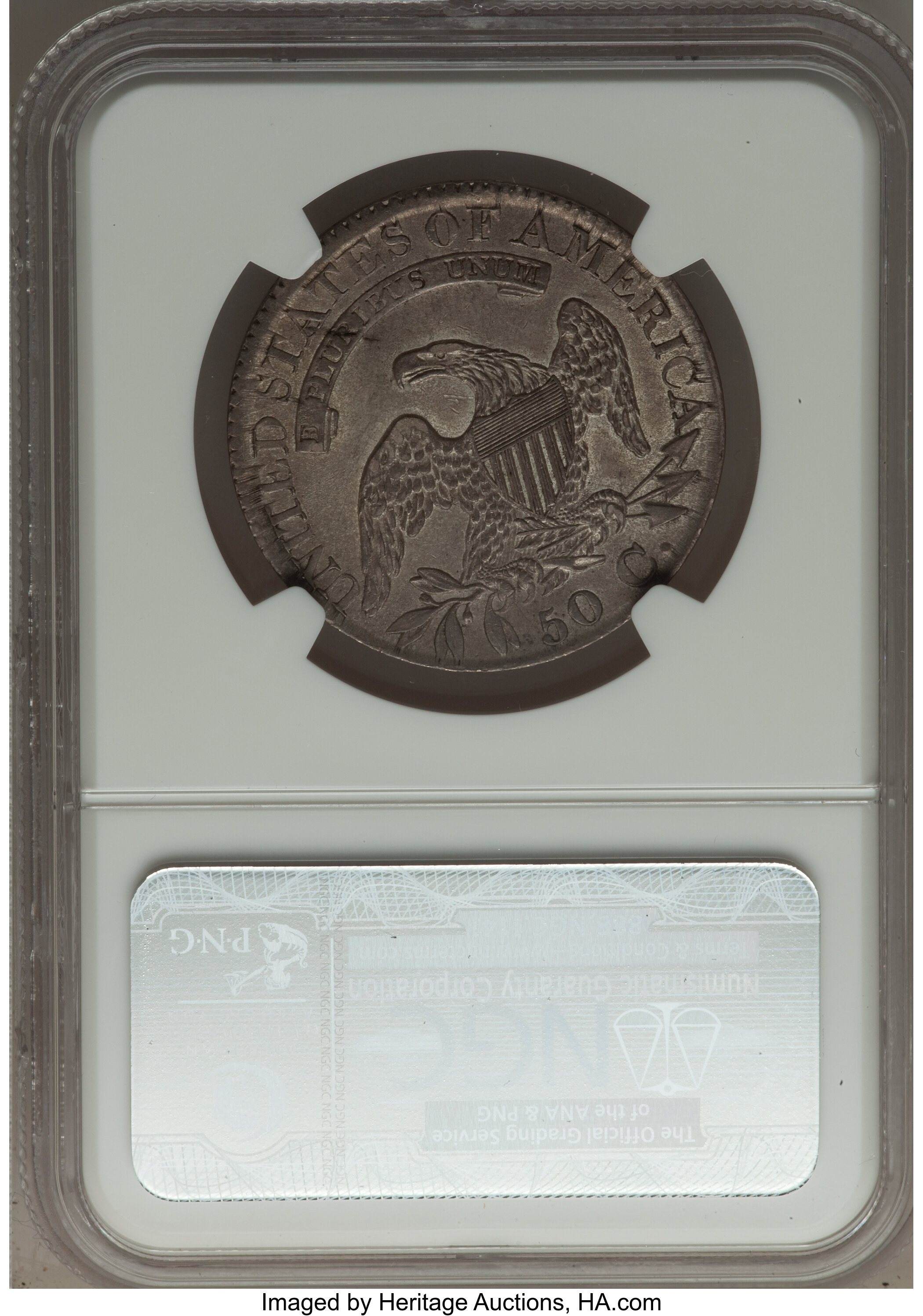 image for: 1827 50C Square Base 2, O-114, R.3, AU55 NGC. NGC Census: (1/10). PCGS Population (2/2). Mintage: 5,493,400. From The S...