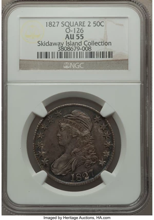 image for: 1827 50C Square Base 2, O-126, R.2, AU55 NGC. NGC Census: (2/2). PCGS Population (2/3). Mintage: 5,493,400. From The Sk...