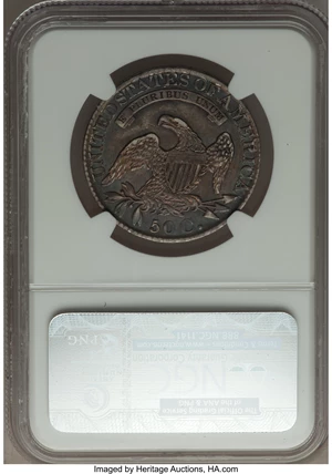 image for: 1827 50C Square Base 2, O-126, R.2, AU55 NGC. NGC Census: (2/2). PCGS Population (2/3). Mintage: 5,493,400. From The Sk...