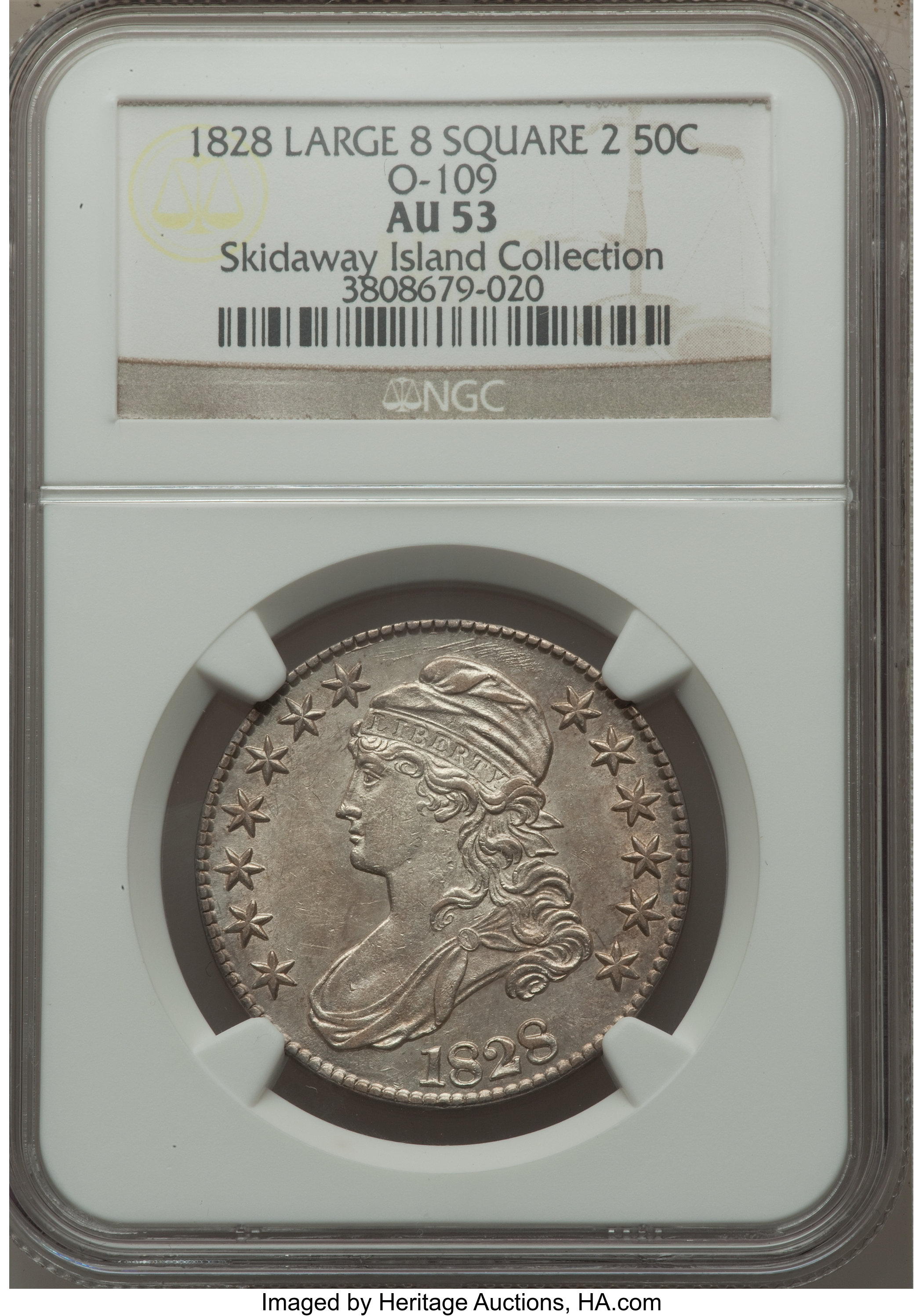 image for: 1828 50C Square Base 2, Large 8s, O-109, R.3, AU53 NGC. NGC Census: (0/0). PCGS Population (1/4).  From The Skidaway Is...
