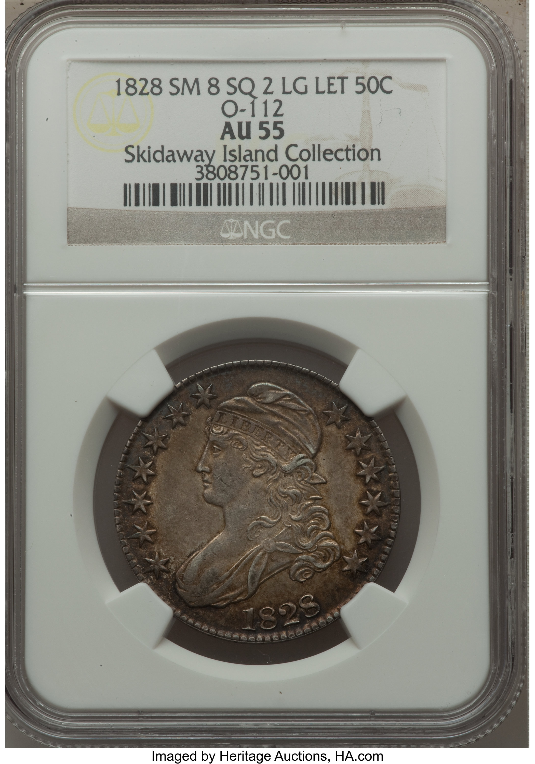 image for: 1828 50C Square Base 2, Small 8s, Large Letters, O-112, R.3, AU55 NGC. NGC Census: (2/4). PCGS Population (2/2).  From ...