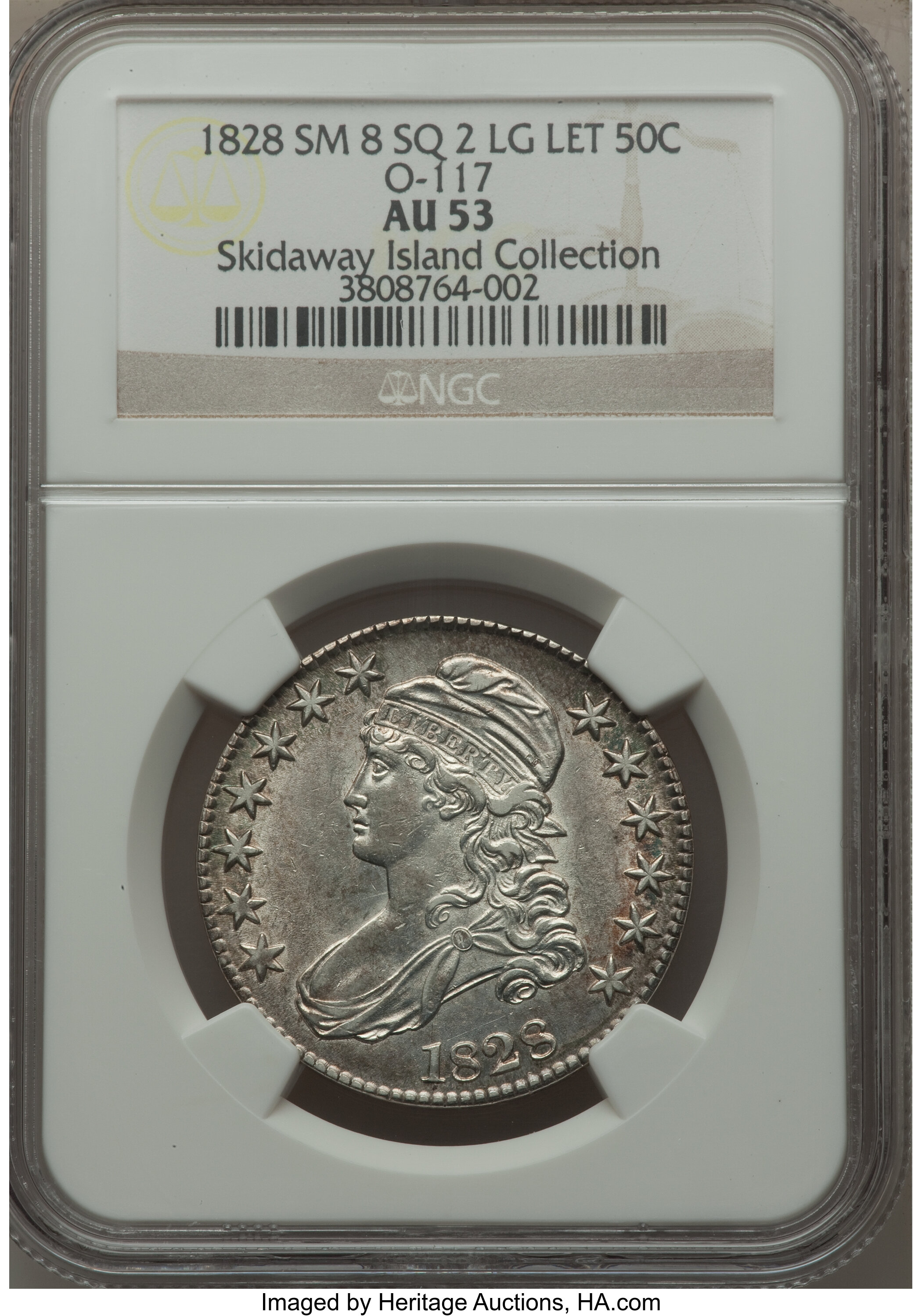 image for: 1828 50C Square Base 2, Small 8s, Large Letters, O-117, R.1, AU53 NGC. NGC Census: (3/18). PCGS Population (1/7).  From...