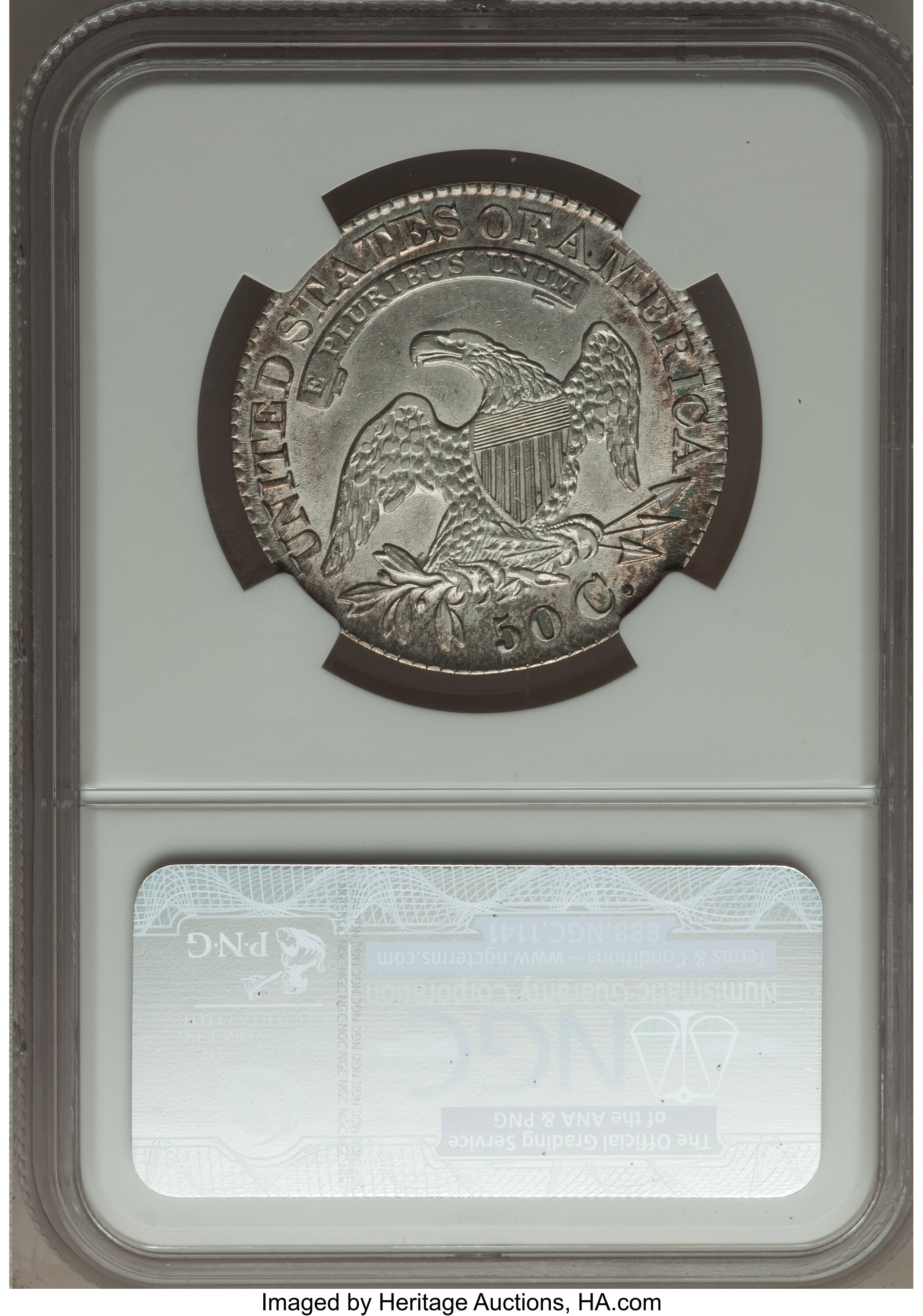 image for: 1828 50C Square Base 2, Small 8s, Large Letters, O-117, R.1, AU53 NGC. NGC Census: (3/18). PCGS Population (1/7).  From...