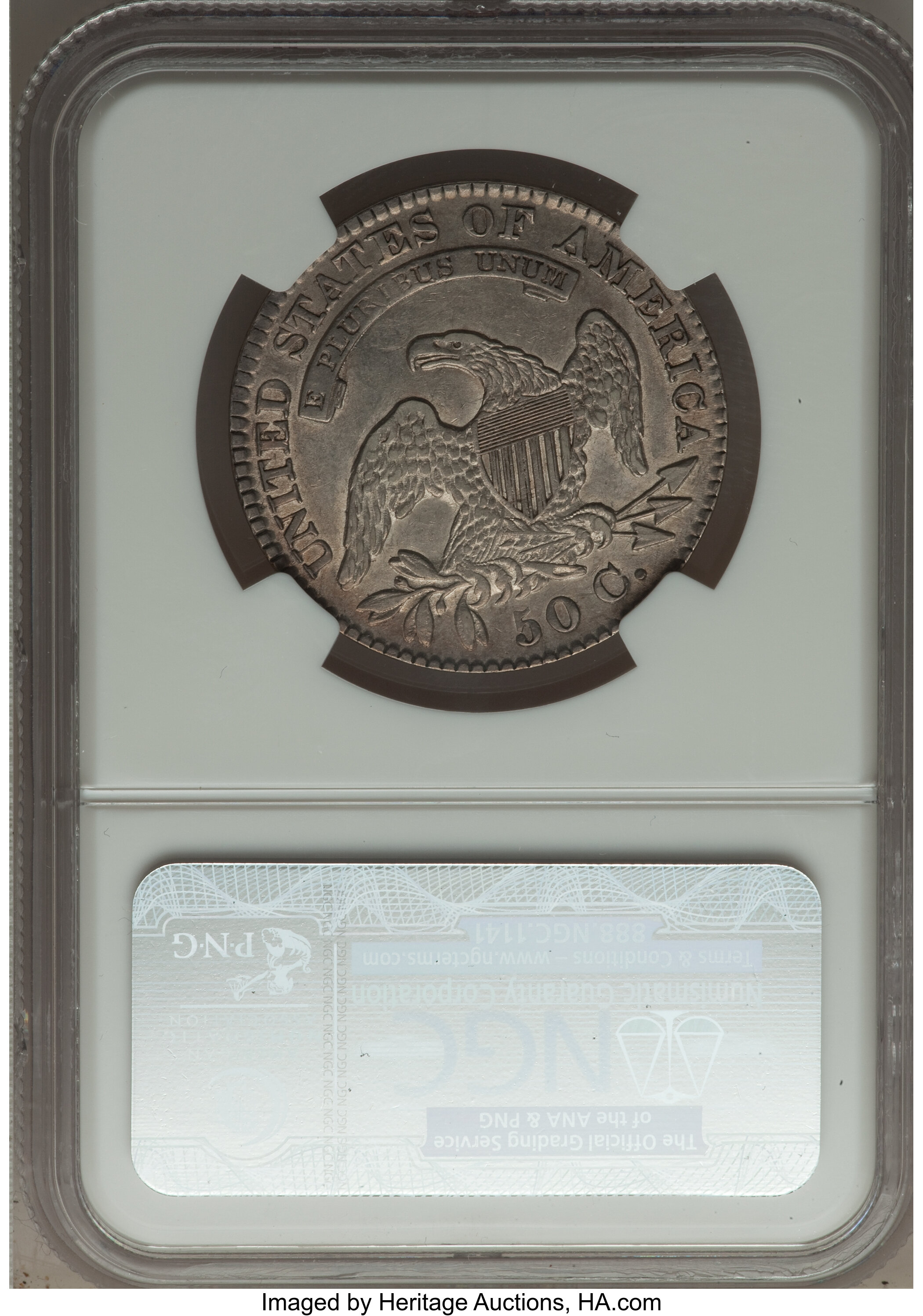 image for: 1828 50C Square Base 2, Small 8s, Small Letters, O-119, R.3, AU50 NGC. NGC Census: (7/12). PCGS Population (0/8).  From...