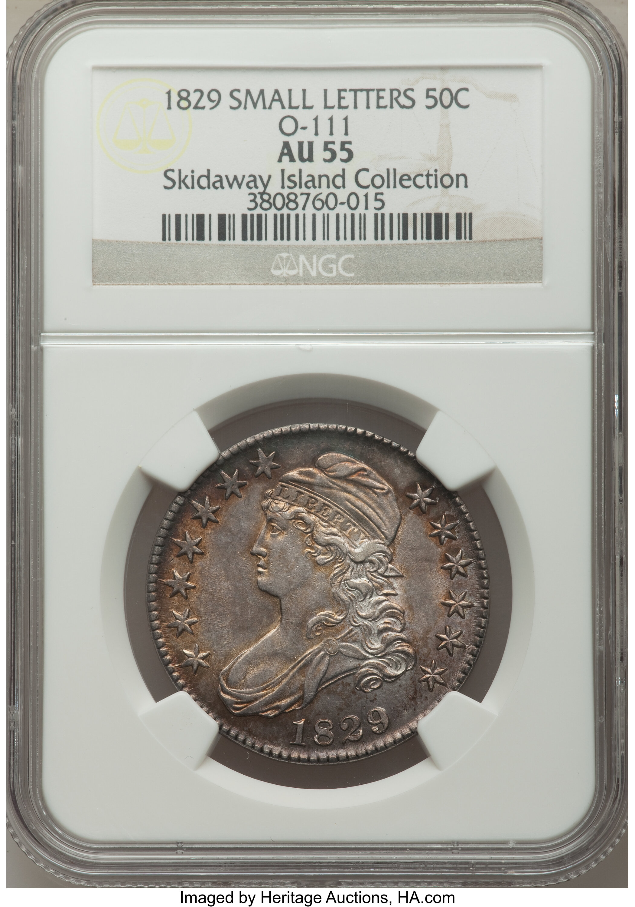image for: 1829 50C Small Letters, O-111, R.2, AU55 NGC. NGC Census: (0/0). PCGS Population (1/3). Mintage: 3,712,156. From The Sk...