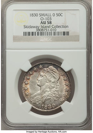 image for: 1830 50C Small 0, O-103, R.1, AU58 NGC. NGC Census: (12/9). PCGS Population (2/2). Mintage: 4,764,800. From The Skidawa...