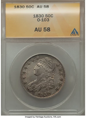 image for: 1830 50C O-103 AU58 ANACS. NGC Census: (303/397). PCGS Population (233/308). Mintage: 4,764,800. Numismedia Wsl. Price for ...