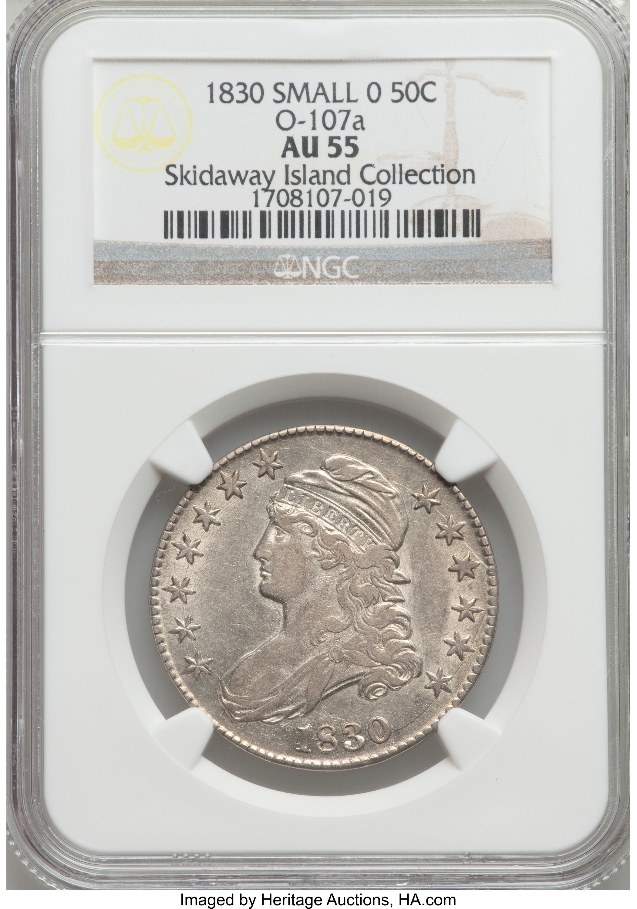 image for: 1830 50C Small 0, O-107a, R.2, AU55 NGC. NGC Census: (2/5). PCGS Population (0/3). Mintage: 4,764,800. From The Skidawa...