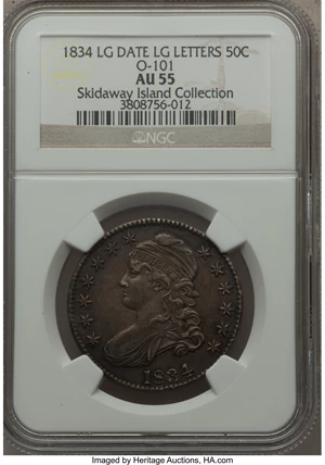 image for: 1834 50C Large Date, Large Letters, O-101, R.1, AU55 NGC. NGC Census: (9/18). PCGS Population (6/5). Mintage: 6,412,004. ...