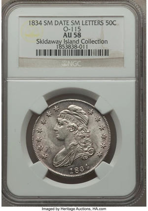 image for: 1834 50C Small Date, Small Letters, O-115, R.2, AU58 NGC. NGC Census: (0/0). PCGS Population (1/2). From The Skidaway ...
