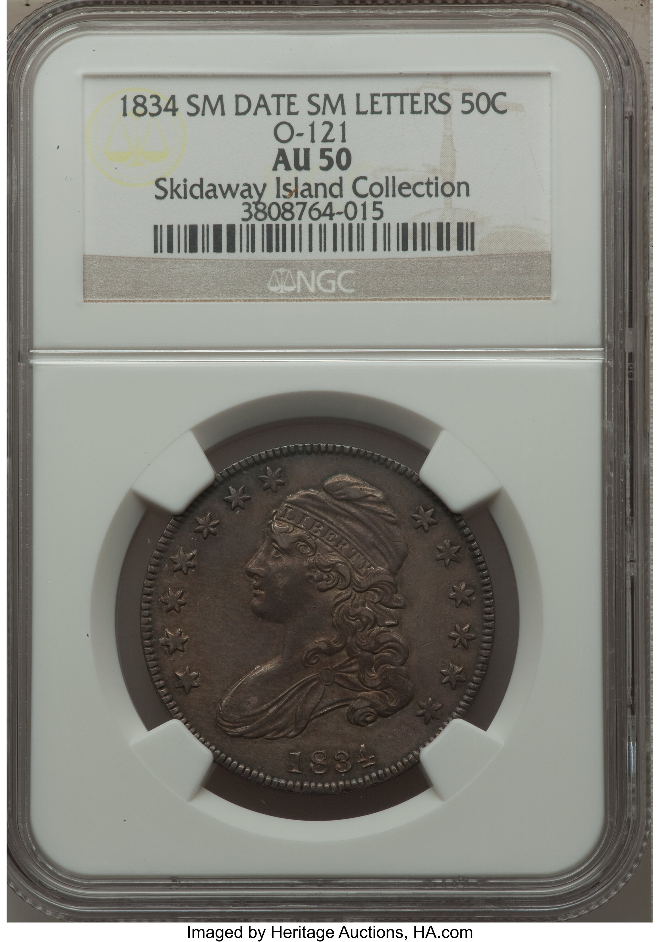 image for: 1834 50C Small Date, Small Letters, O-121, R.3, AU50 NGC. NGC Census: (0/0). PCGS Population (1/5).  From The Skidaway ...
