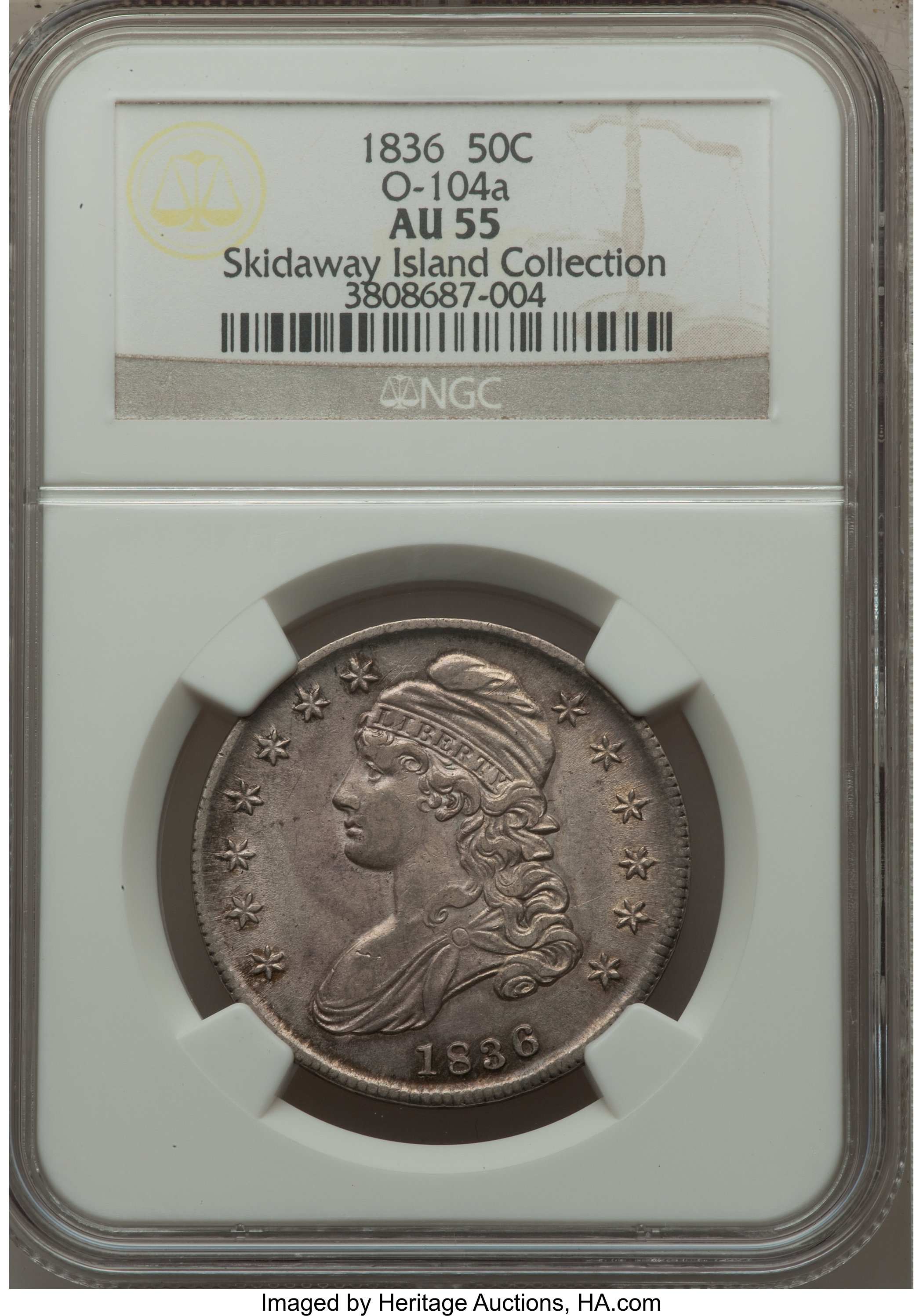 image for: 1836 50C Lettered Edge, O-104a, R.3, AU55 NGC. NGC Census: (0/0). PCGS Population (0/0). Mintage: 6,545,000. From The S...