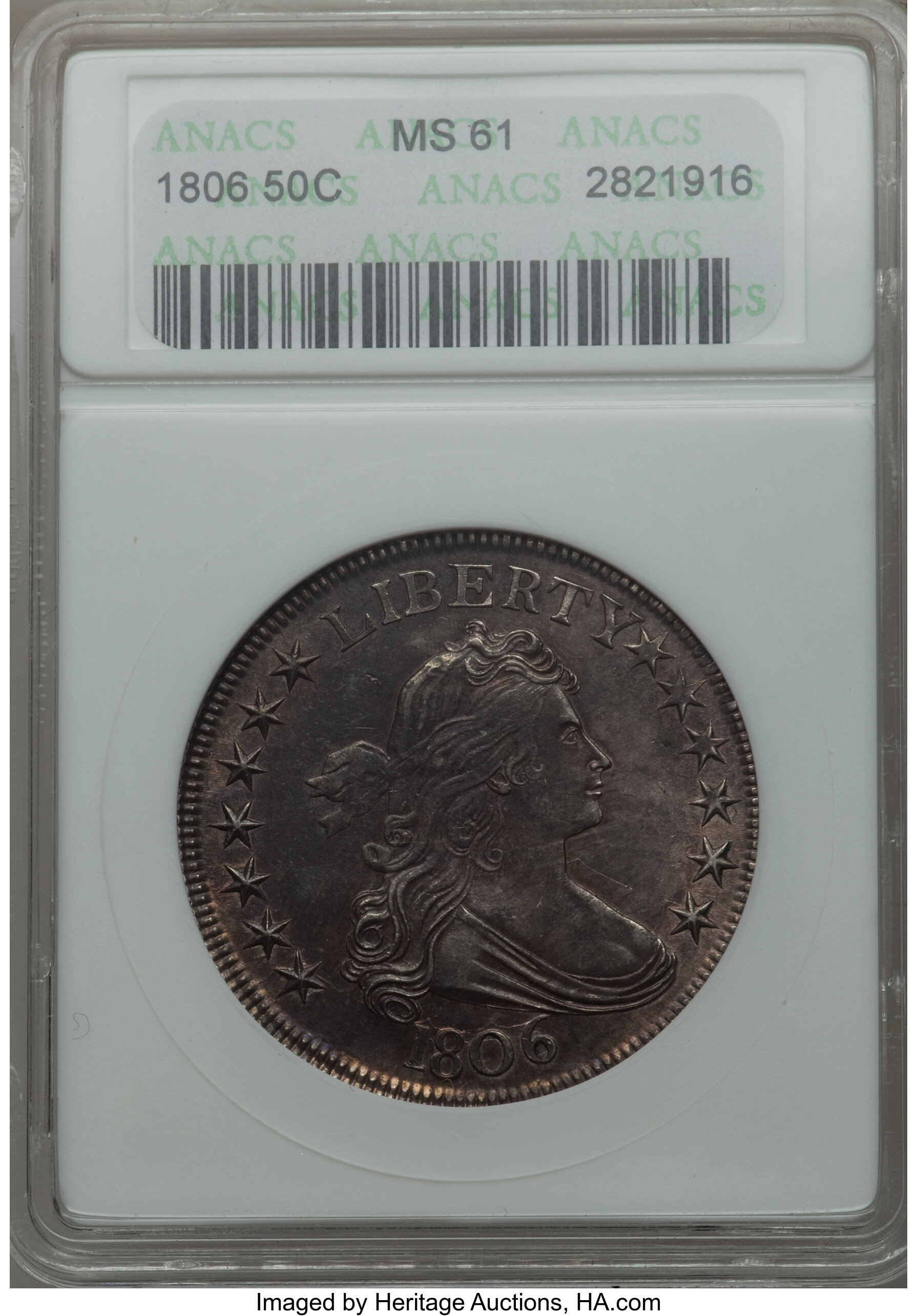 image for: 1806 50C Pointed 6, Stem, O-118a, R.3, MS61 ANACS....