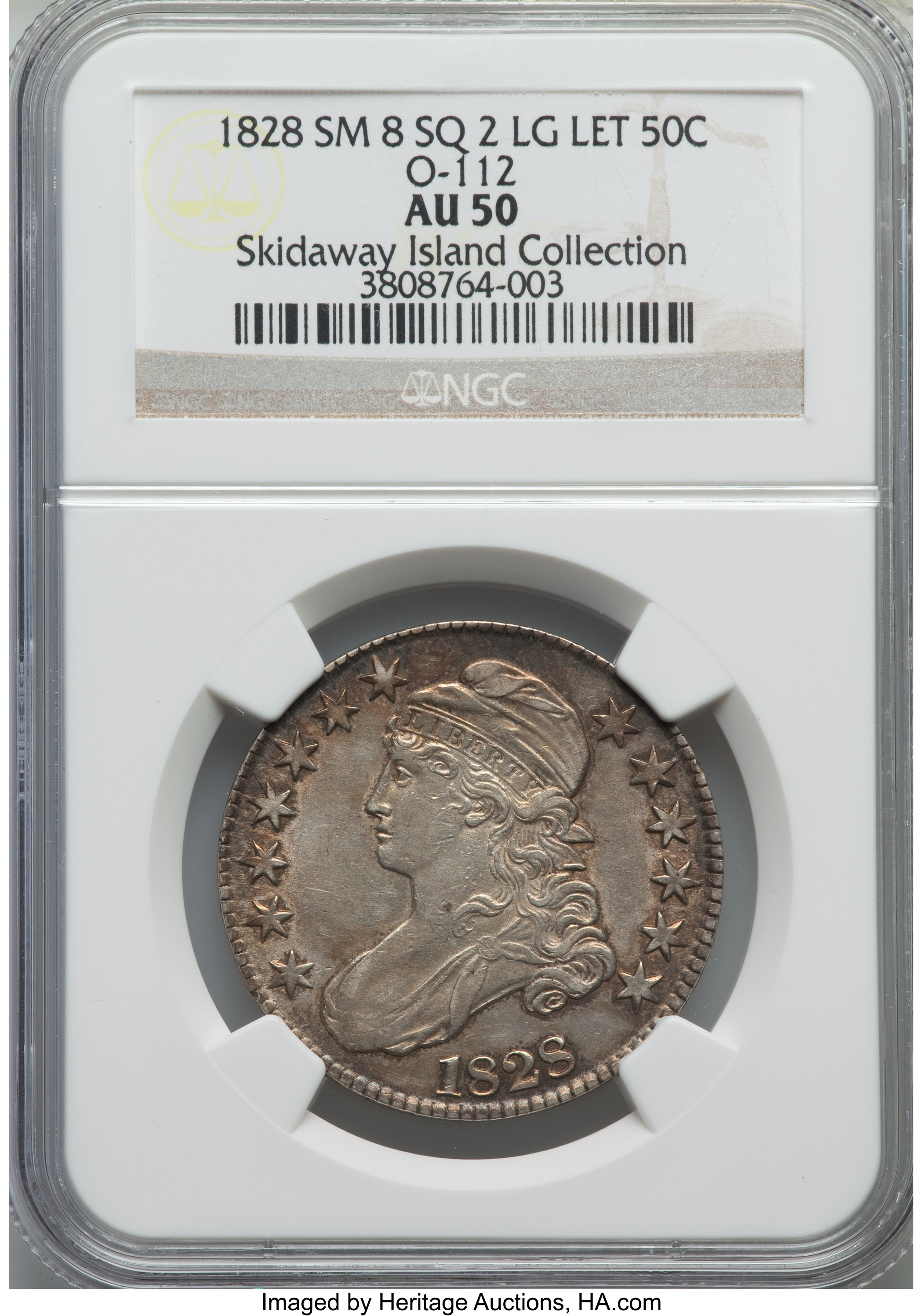 image for: 1828 50C Square Base 2, Small 8s, Large Letters, O-112, R.3, AU50 NGC. NGC Census: (1/7). PCGS Population (1/5).  From ...