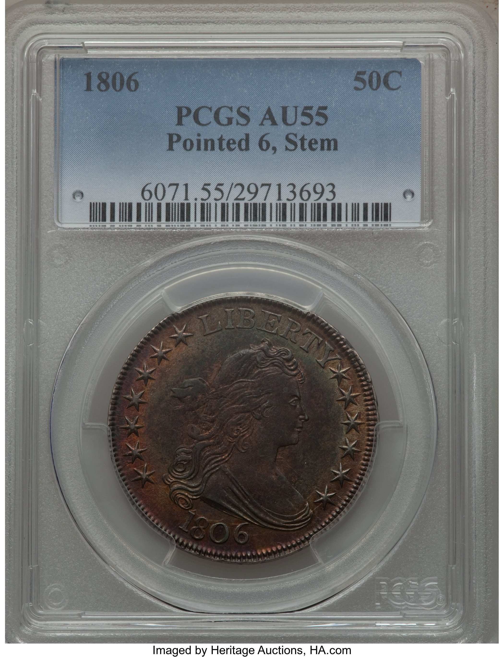 image for: 1806 50C Pointed 6, Stem, O-119, R.3, AU55 PCGS....