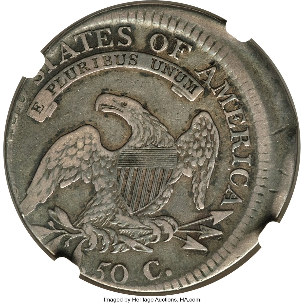 image for: 1811 50C Small 8, O-112, Low R.4 -- Struck 10% Off Center -- VF25 NGC....
