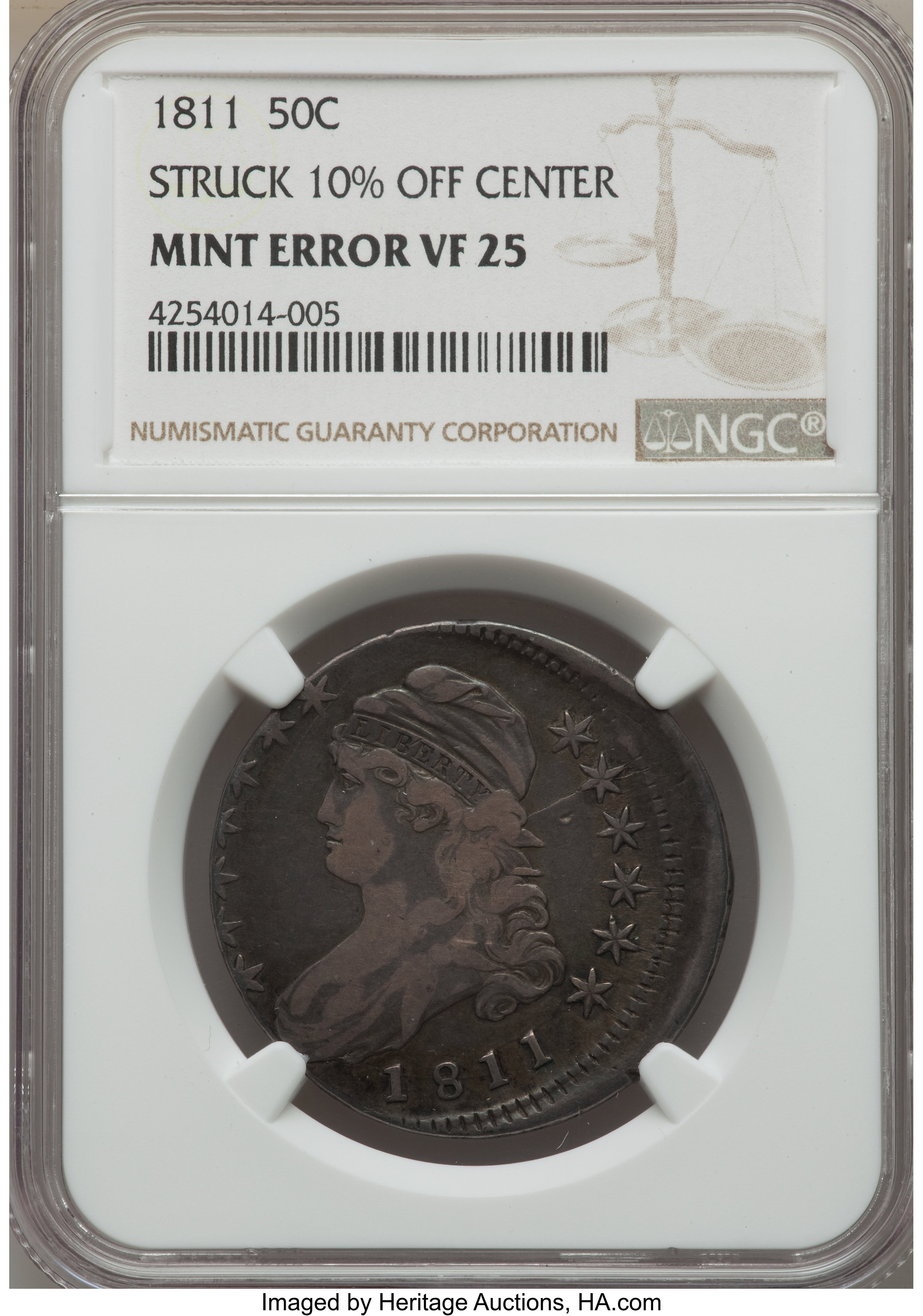image for: 1811 50C Small 8, O-112, Low R.4 -- Struck 10% Off Center -- VF25 NGC....
