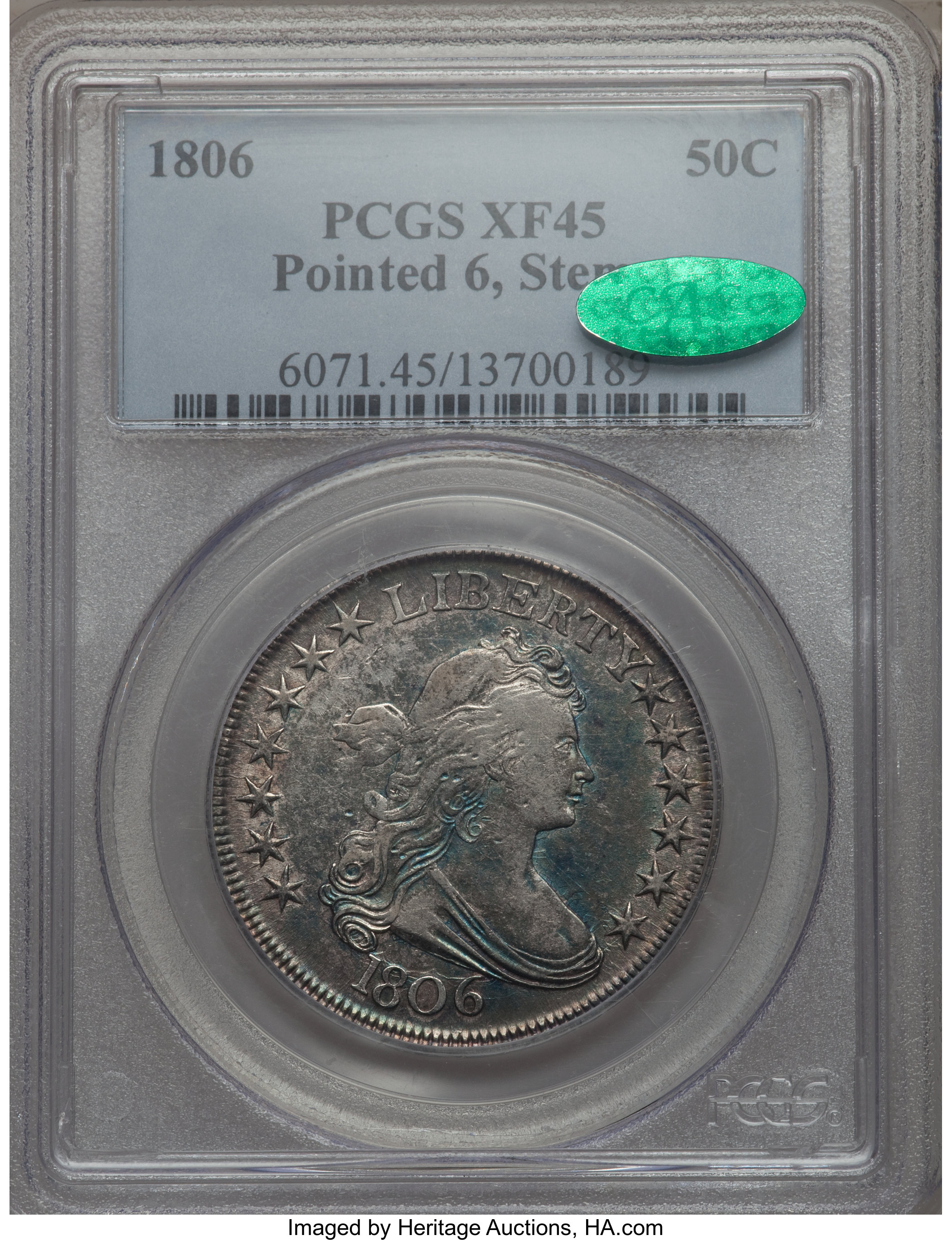 image for: 1806 50C Pointed 6, Stem, O-119, T-27, R.3, XF45 PCGS. CAC....