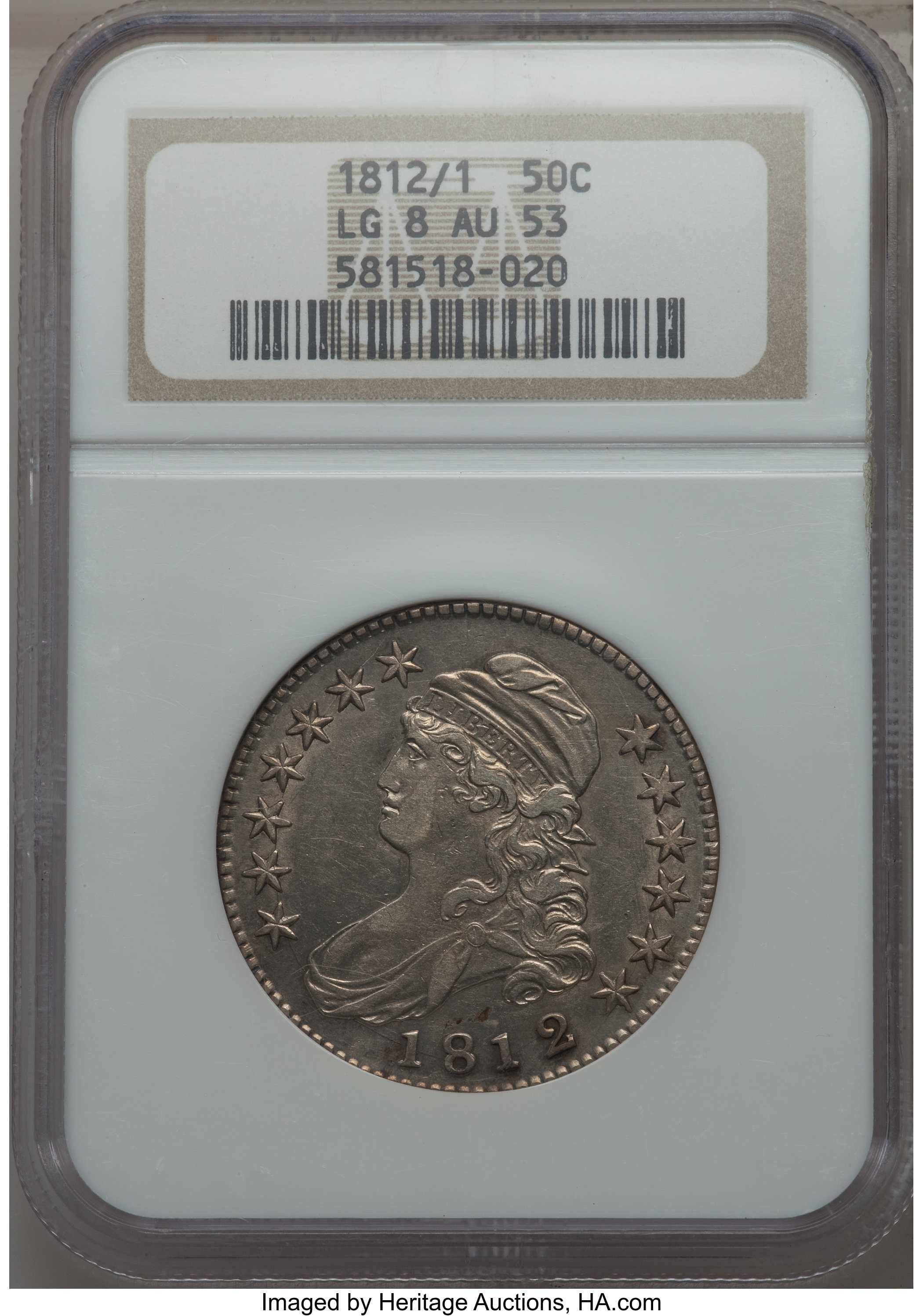 image for: 1812/1 50C Large 8, O-101a, R.5, AU53 NGC....