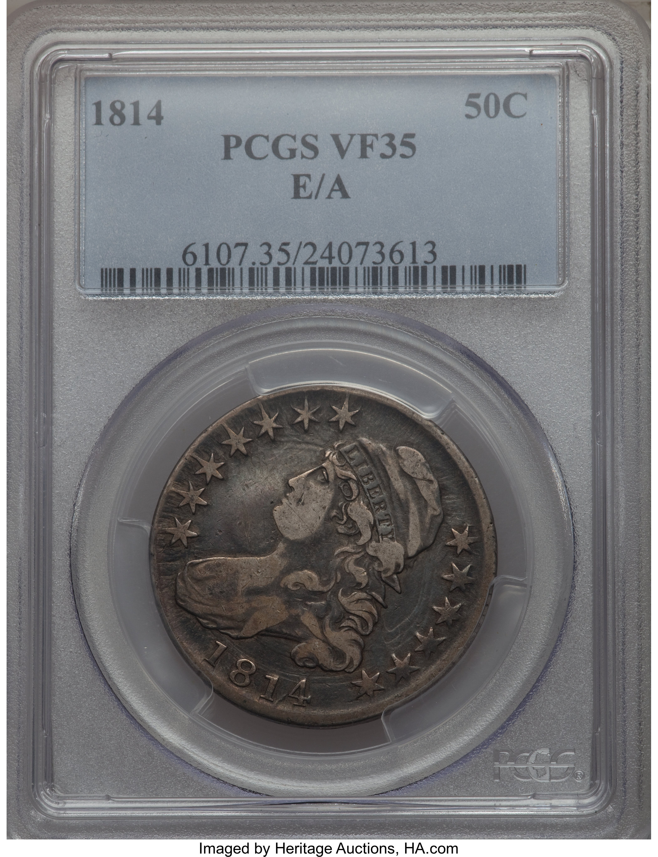 image for: 1814 50C E Over A in STATES, O-108, R.2, VF35 PCGS. PCGS Population: (2/5). NGC Census: (2/8).  ...