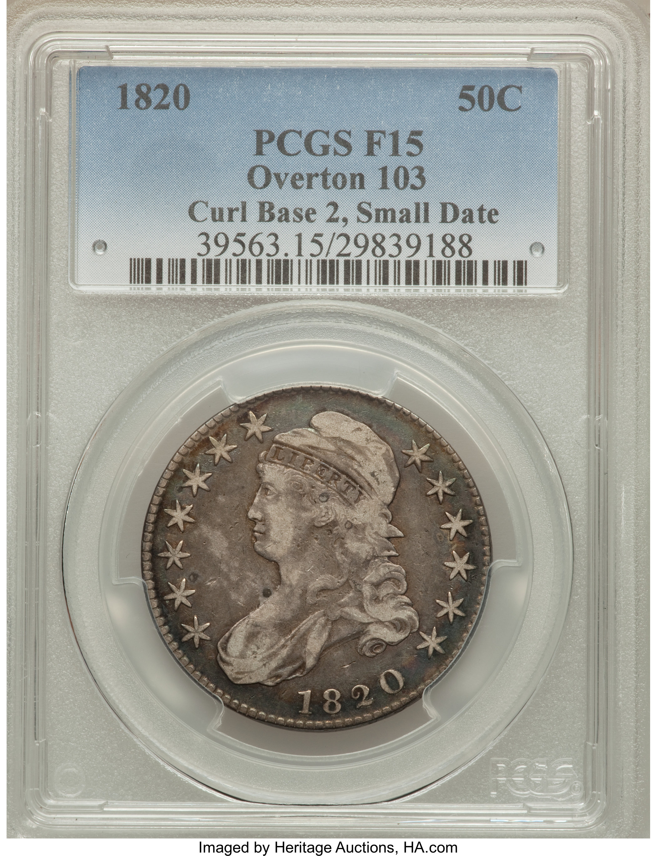 image for: 1820 50C Curl Base 2, Small Date,O-103, R.1, Fine 15 PCGS. PCGS Population (2/10). NGC Census: (0/20). Mintage: 751,122. ...