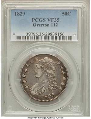 image for: 1829 50C Small Letters, O-112, R.1, VF35 PCGS. PCGS Population (2/13). NGC Census: (0/0). Mintage: 3,712,156. ...