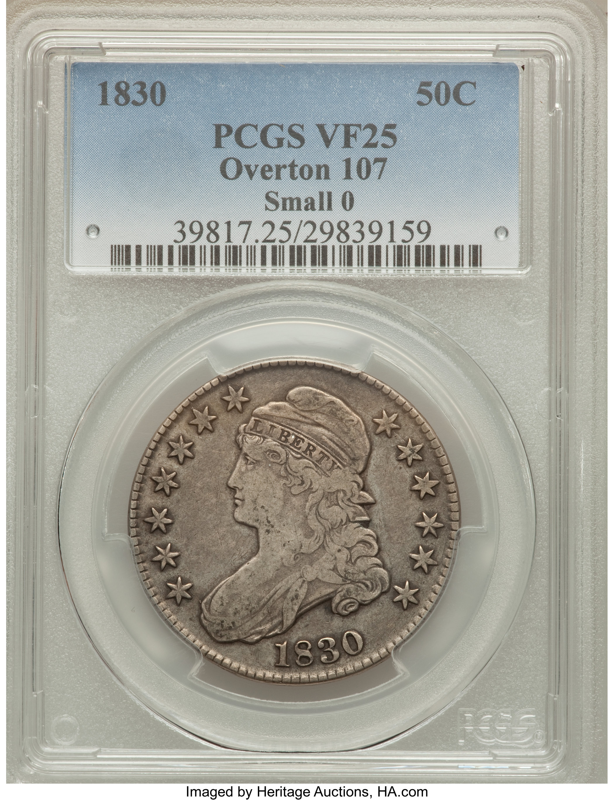image for: 1830 50C Small 0, O-107, R.2, VF25 PCGS. PCGS Population (1/9). NGC Census: (0/14). Mintage: 4,764,800....