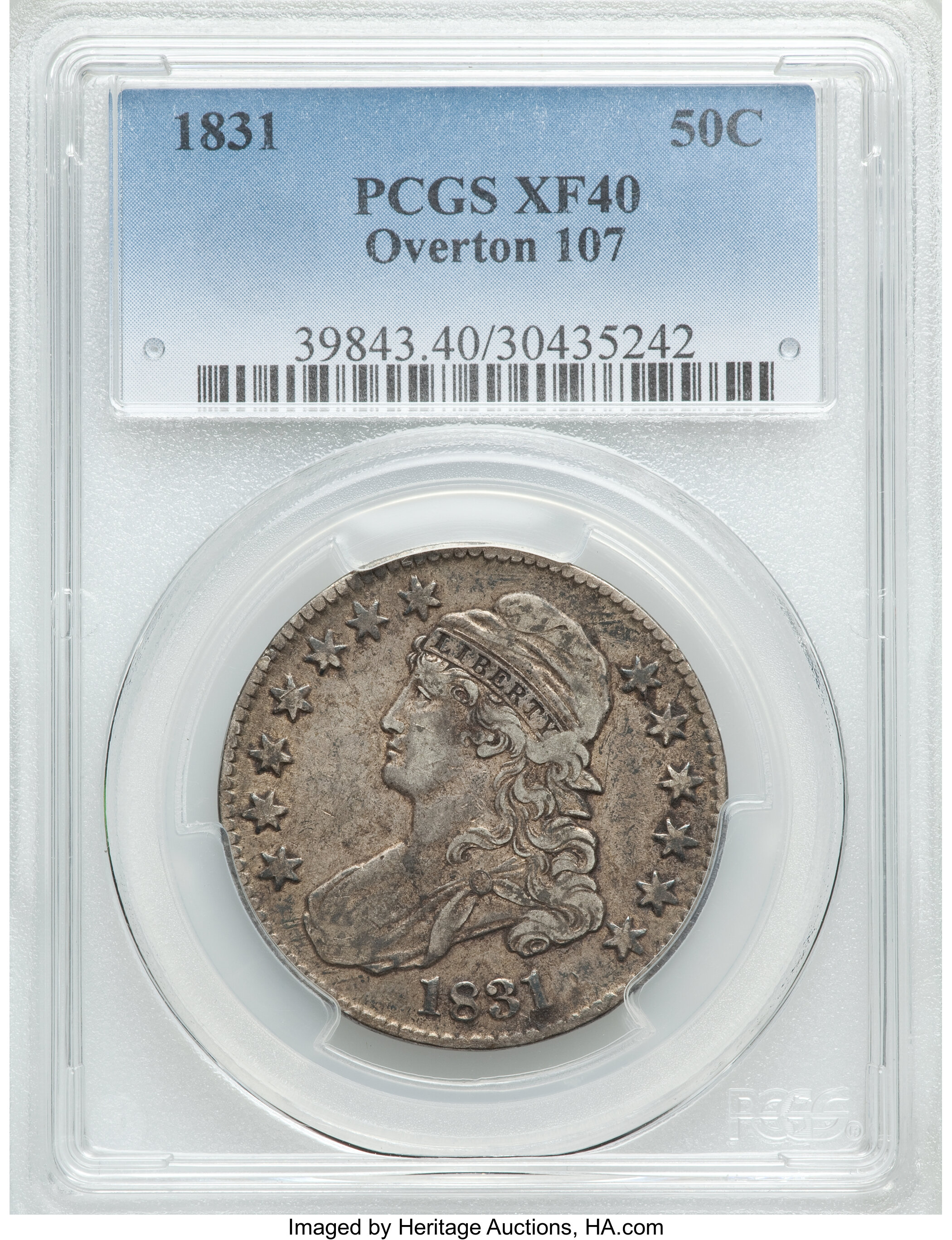 image for: 1831 50C O-107, R.3, XF40 PCGS. PCGS Population (4/5). NGC Census: (1/13). Mintage: 5,873,660. ...